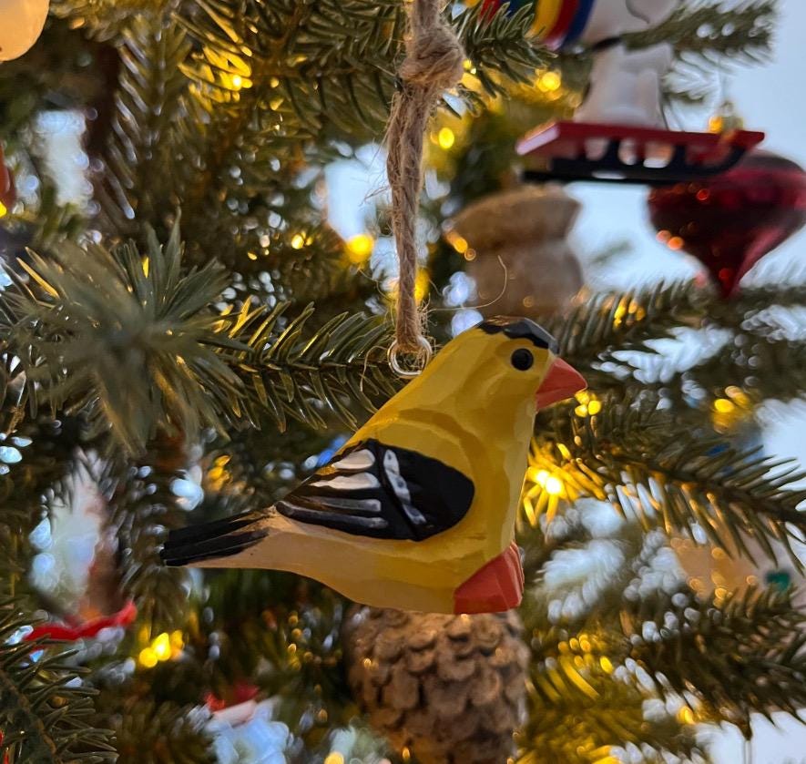 Hand-Carved Wooden American Goldfinch Ornament – Rustic Mini Bird Decor