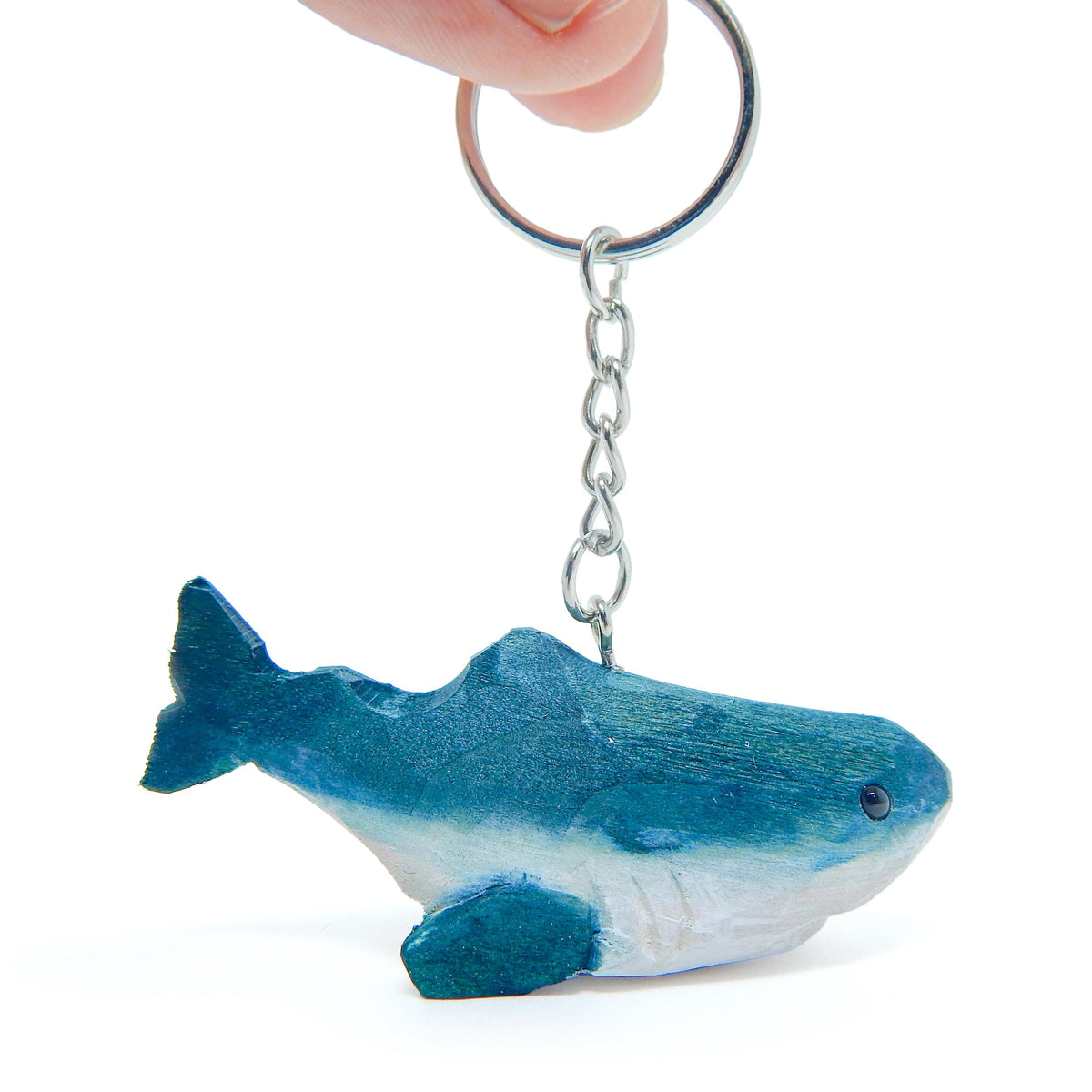 Hand-Carved Wooden Shark Keychain – Miniature Great White Charm