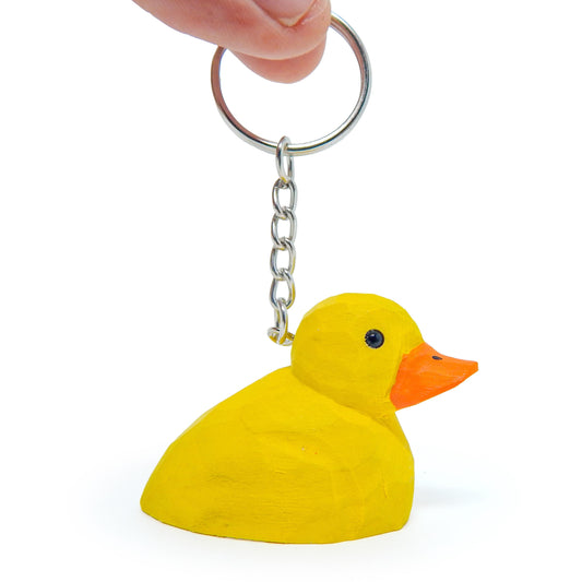 Hand-Carved Wooden Yellow Baby Duck Keychain: Miniature Bird Hook Clip Figurine