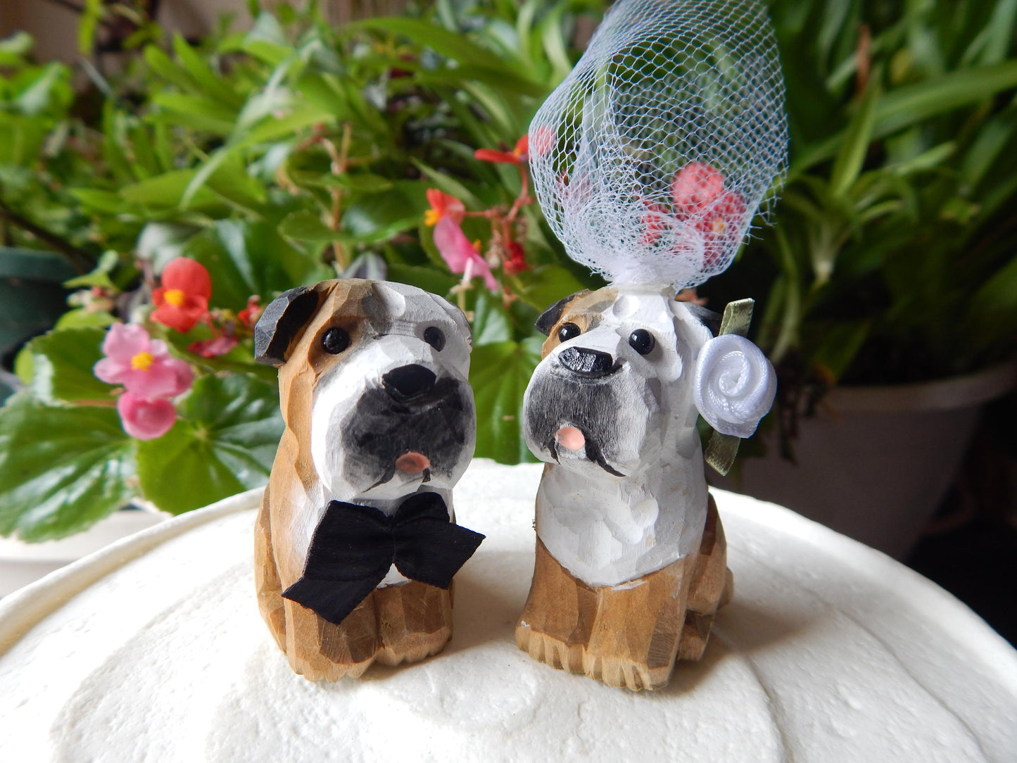 Bulldog Cake Topper Bride & Groom Love Wedding Engagement Anniversary Carved Wood Statue