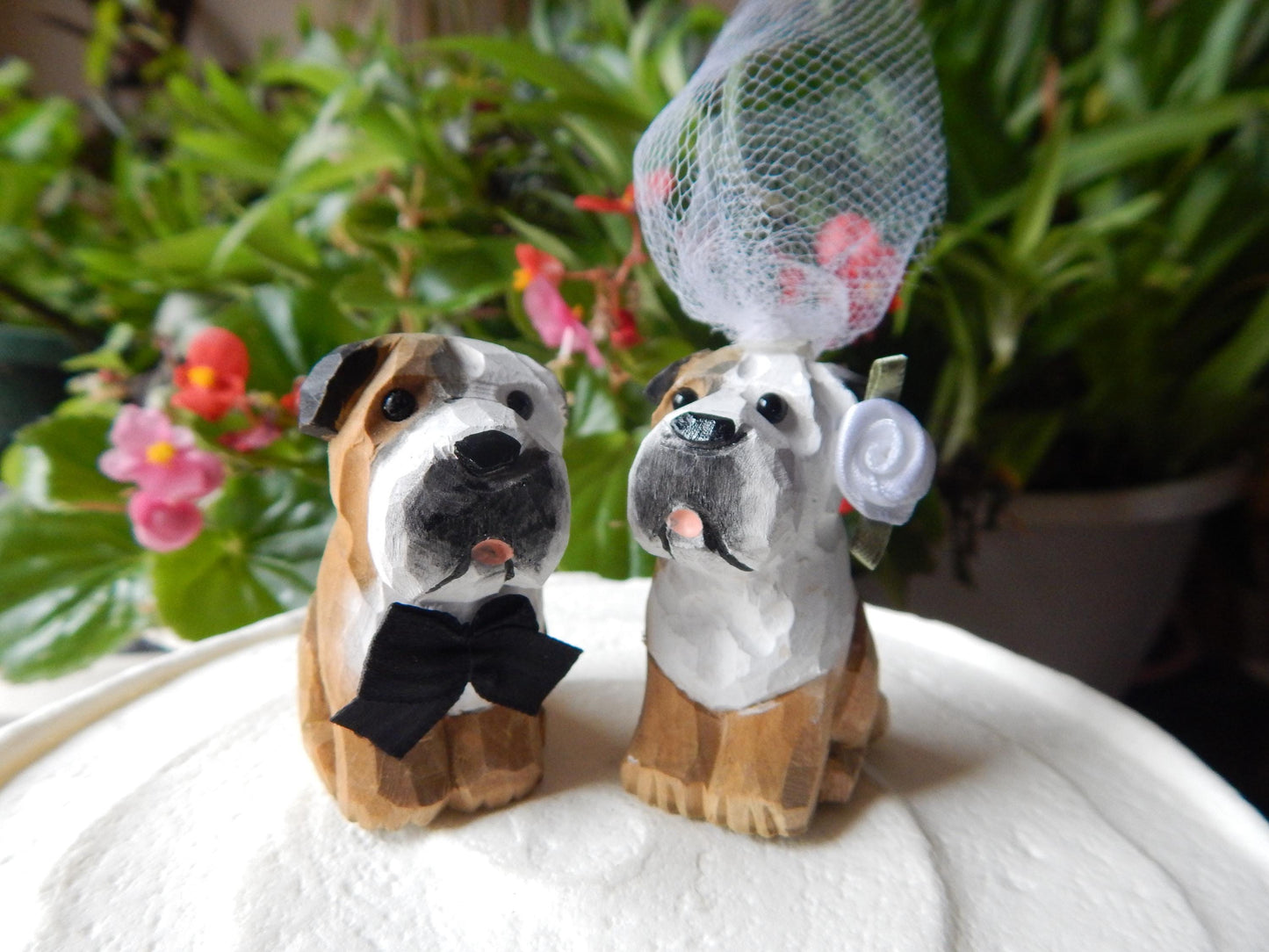 Bulldog Cake Topper Bride & Groom Love Wedding Engagement Anniversary Carved Wood Statue