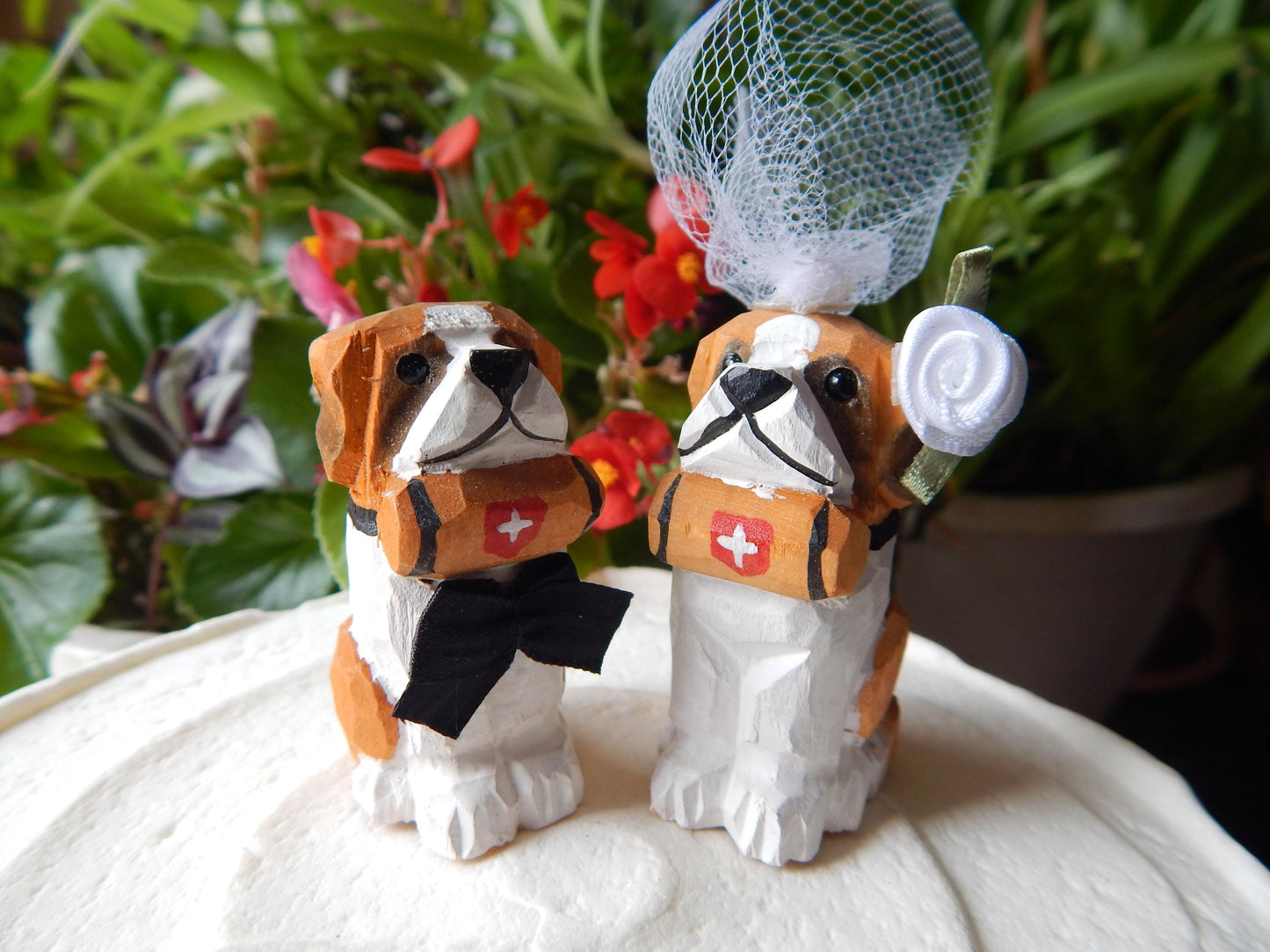 Bernard Dog Cake Topper Bride & Groom Love Wedding Engagement Anniversary Carved Wood Statue