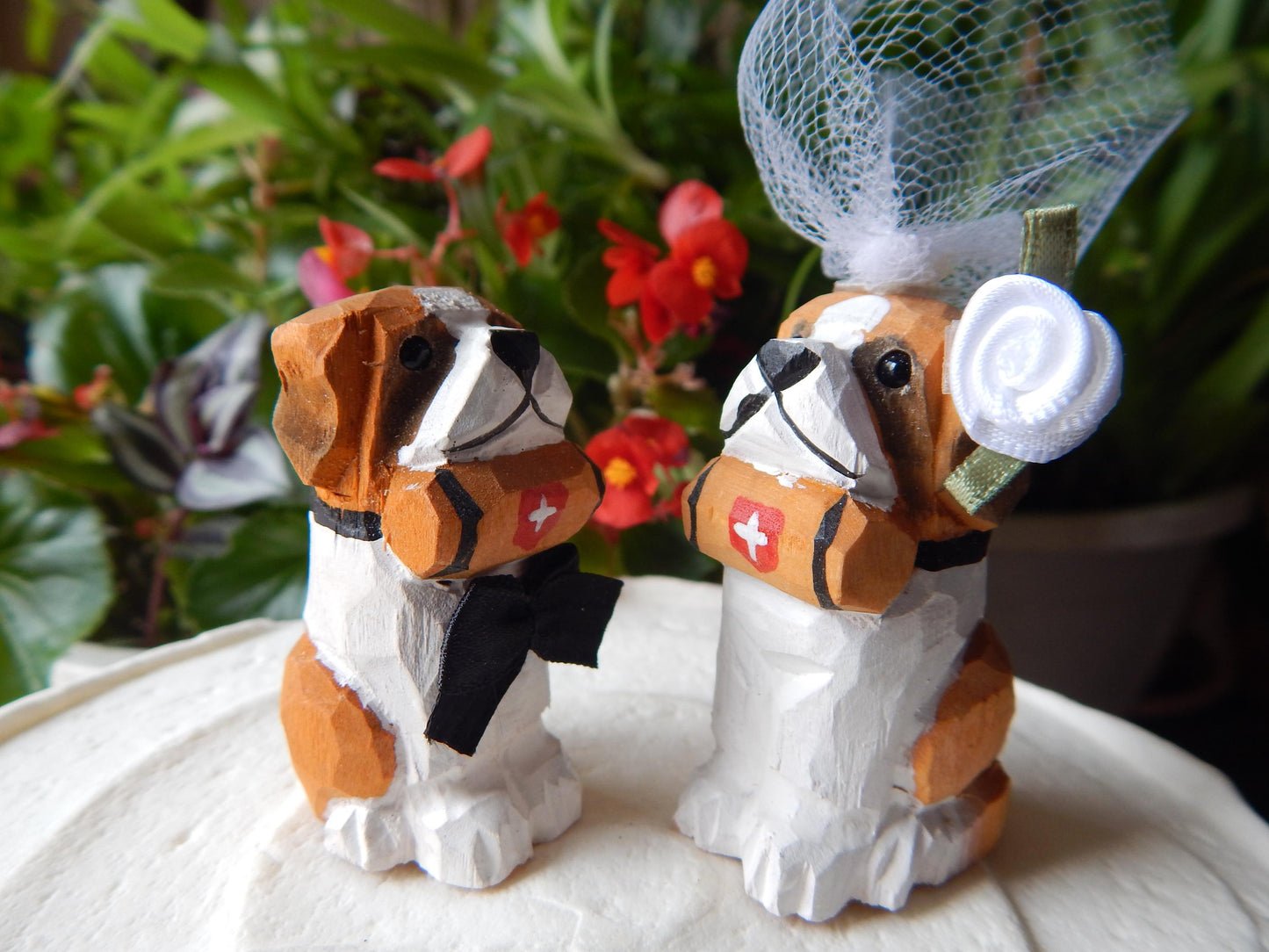 Bernard Dog Cake Topper Bride & Groom Love Wedding Engagement Anniversary Carved Wood Statue