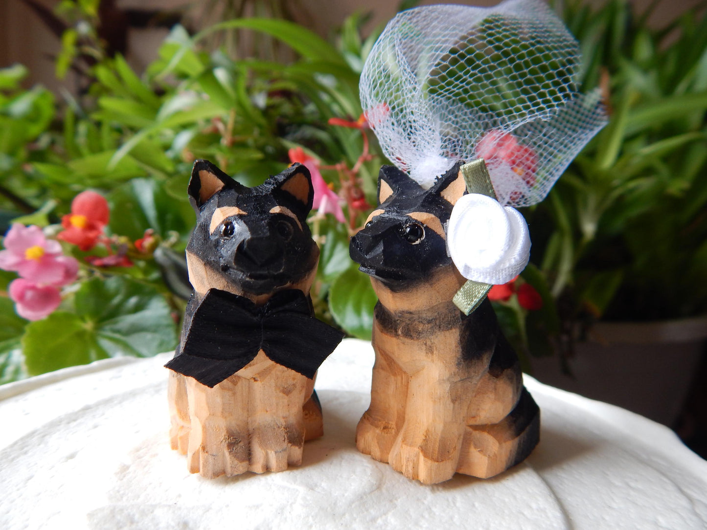 German Shepard dog Cake Topper Bride & Groom Love Wedding Engagement Anniversary Carved Wood Statue
