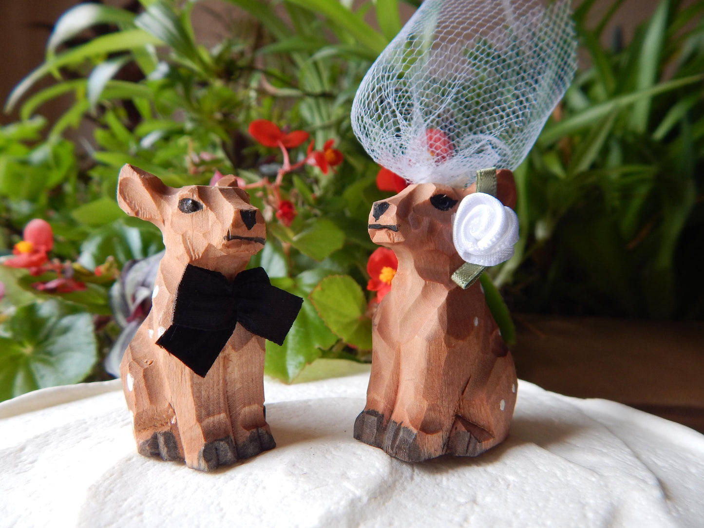 Spotted Deer Figurine Cake Topper Bride & Groom Wedding Engagement Anniversary Carved Wood Statue