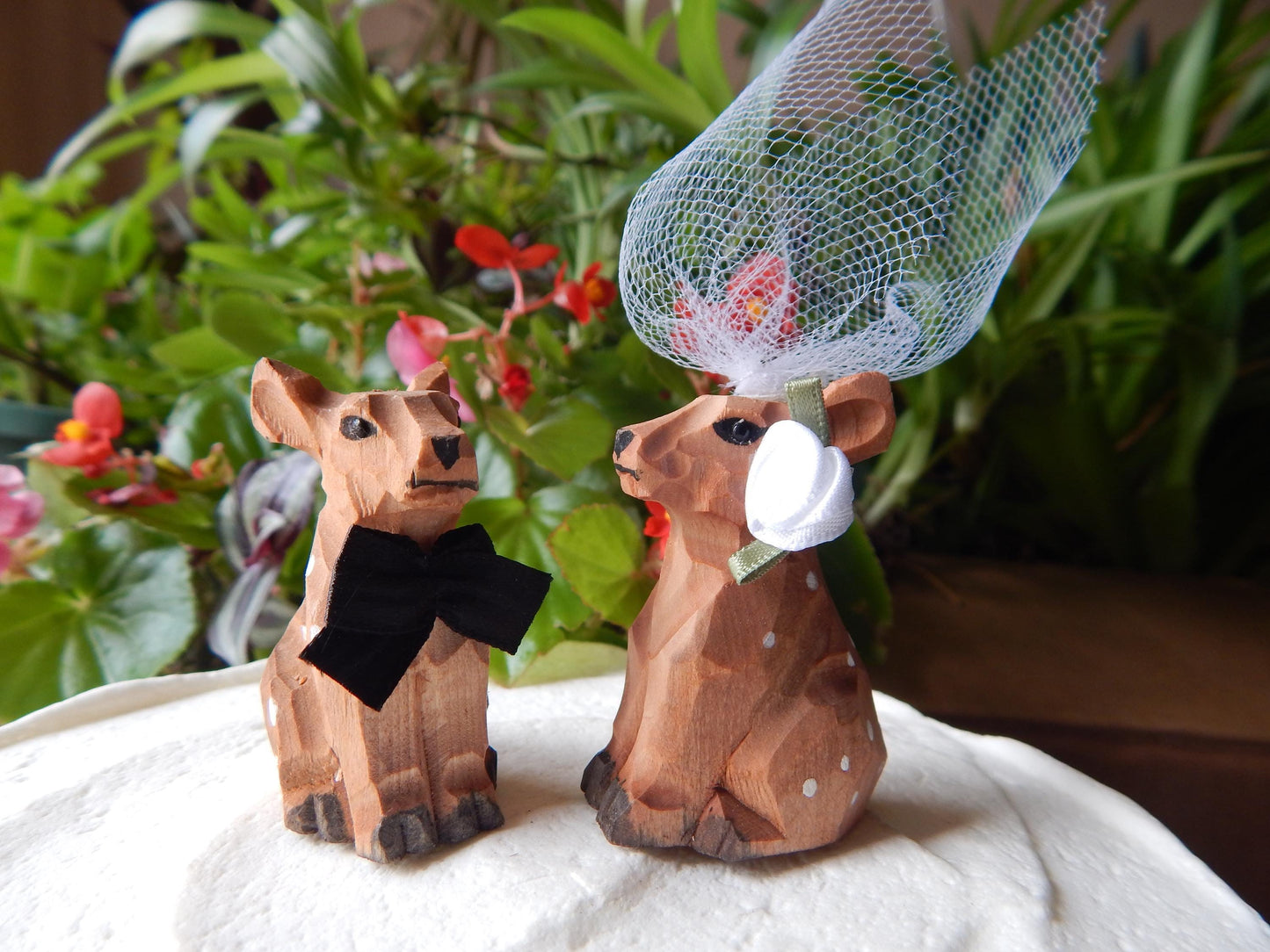 Spotted Deer Figurine Cake Topper Bride & Groom Wedding Engagement Anniversary Carved Wood Statue