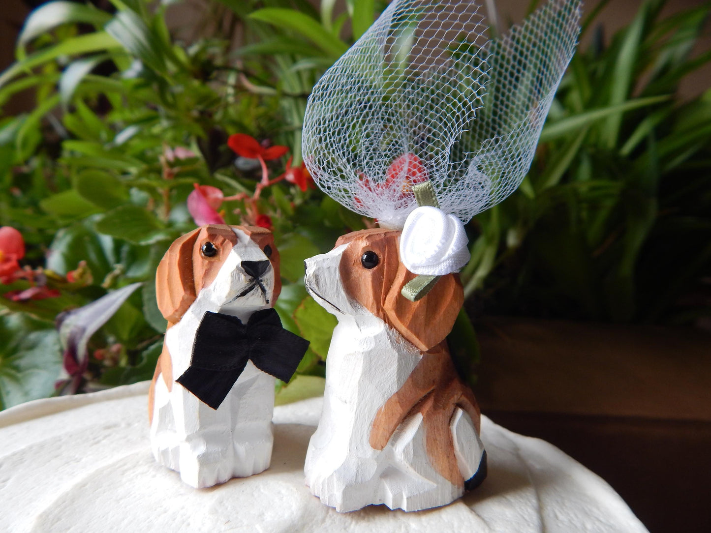 Beagle Dog figurine Cake Topper Bride & Groom Love Wedding Engagement Anniversary Carved Wood Statue