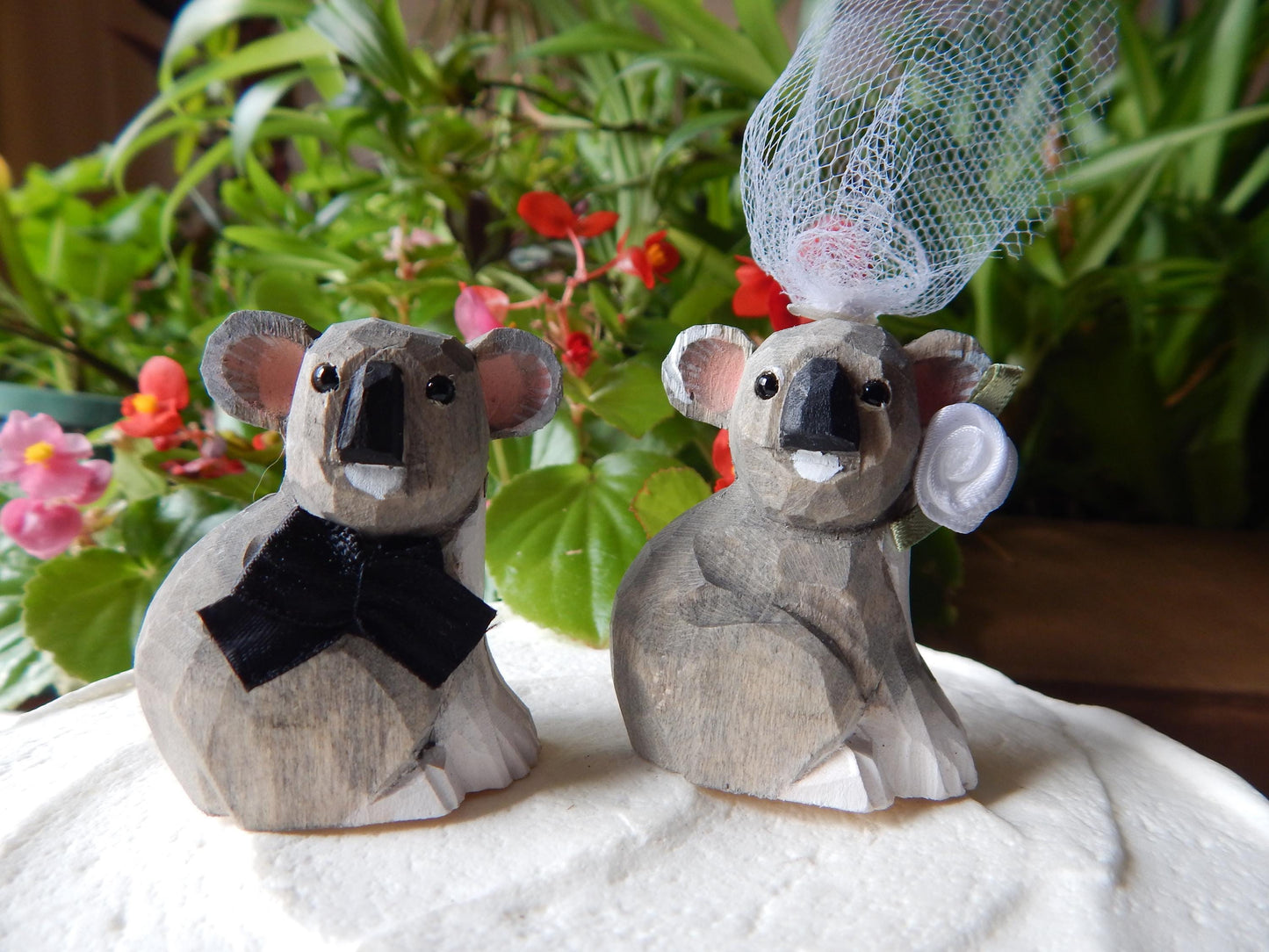 Koala Bear Cake Topper Bride & Groom Love Wedding Engagement Anniversary Carved Wood Statue