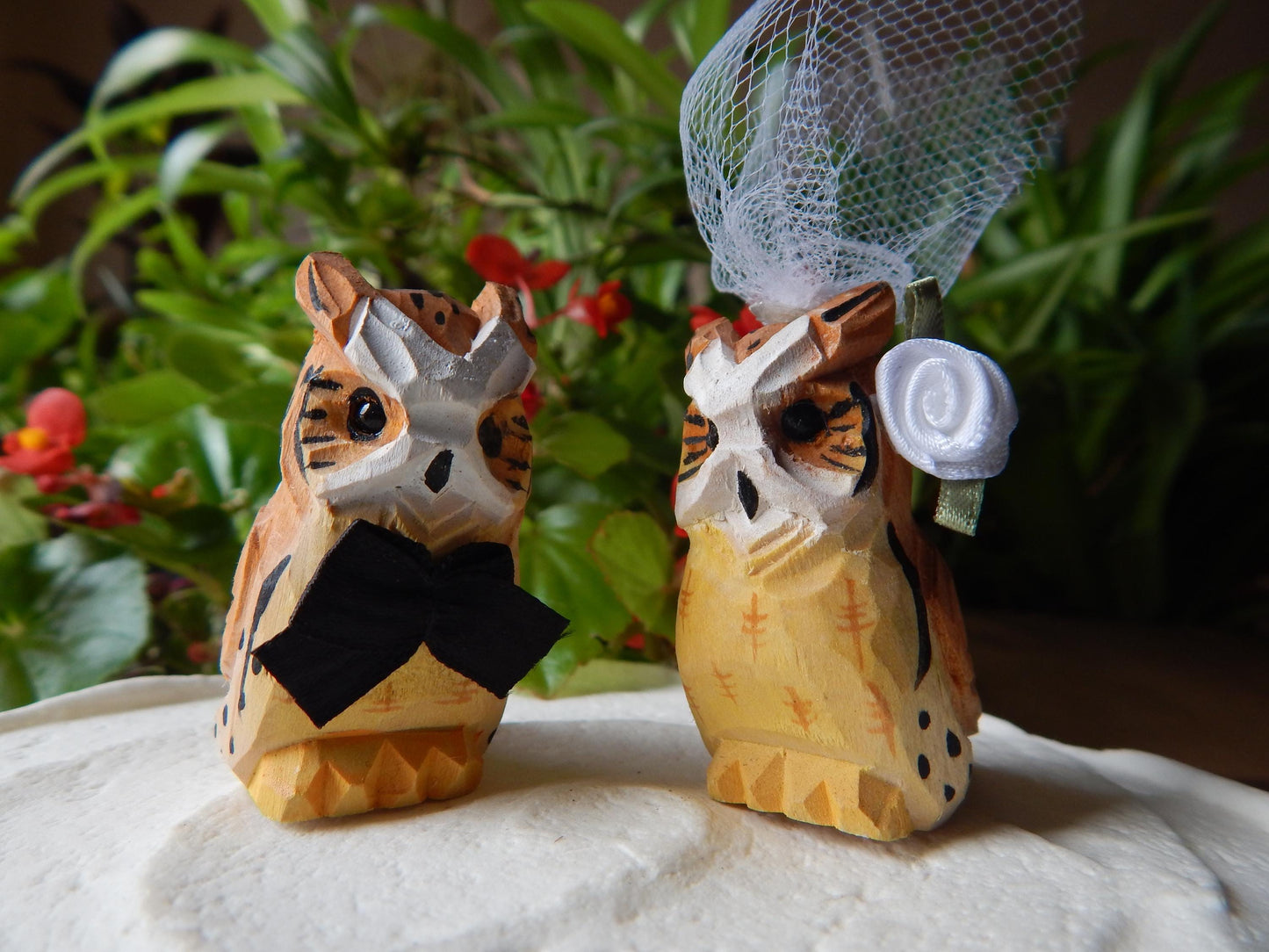 Horn Owl figurine Bird Cake Topper Bride & Groom Wedding Engagement Anniversary Carved Wood Statue