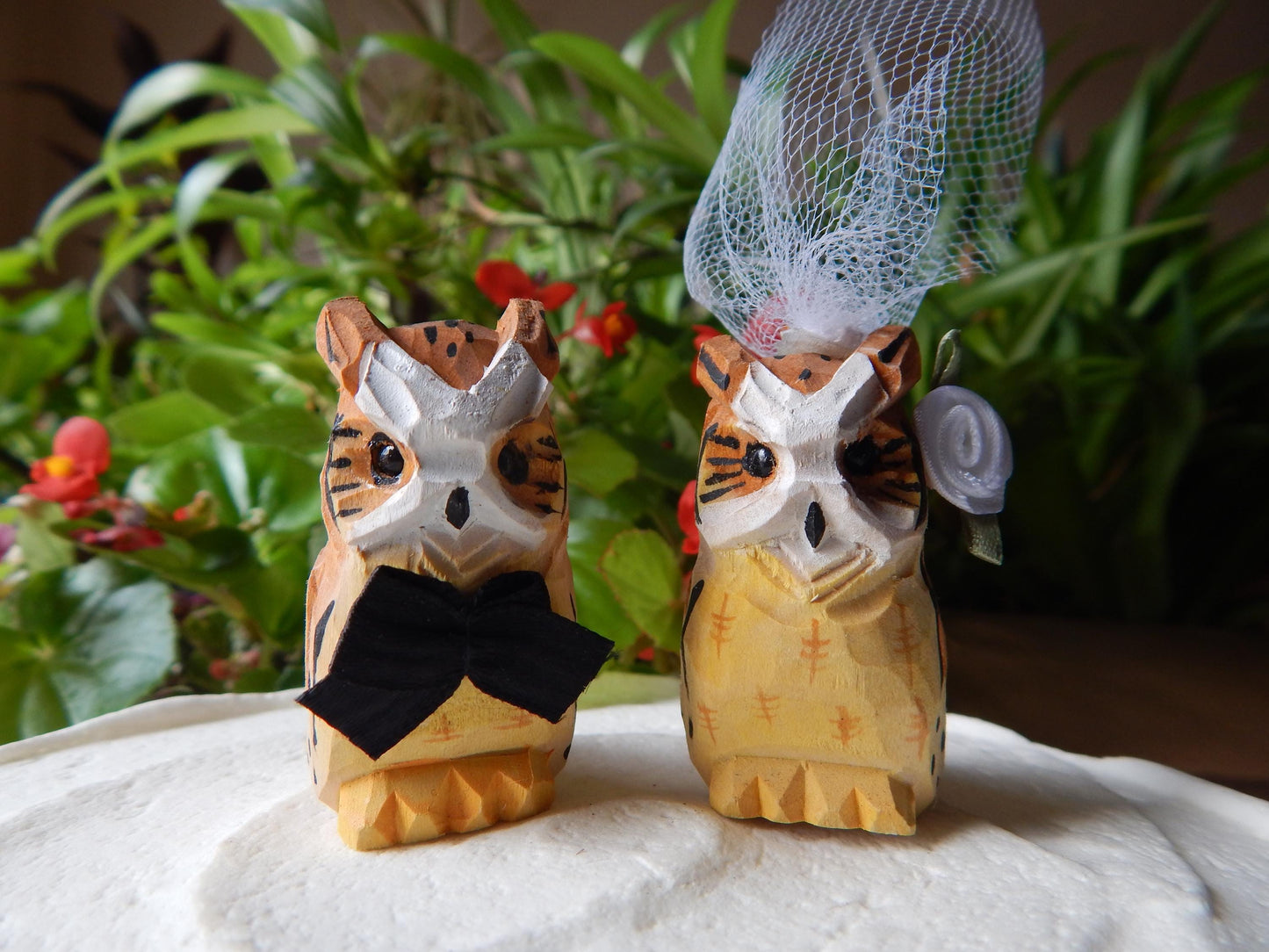 Horn Owl figurine Bird Cake Topper Bride & Groom Wedding Engagement Anniversary Carved Wood Statue