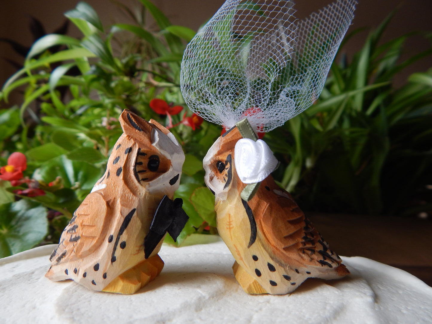Horn Owl figurine Bird Cake Topper Bride & Groom Wedding Engagement Anniversary Carved Wood Statue