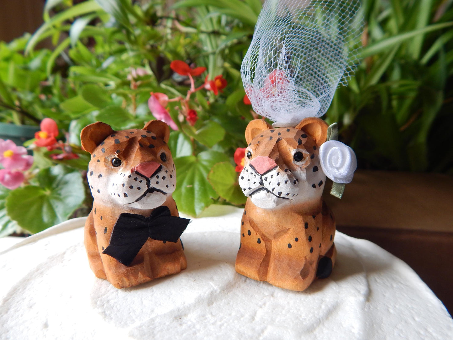 Leopard Jaguar Panther Wedding Cake Topper Love Bride Groom Engagement Anniversary Carved Wood Statue