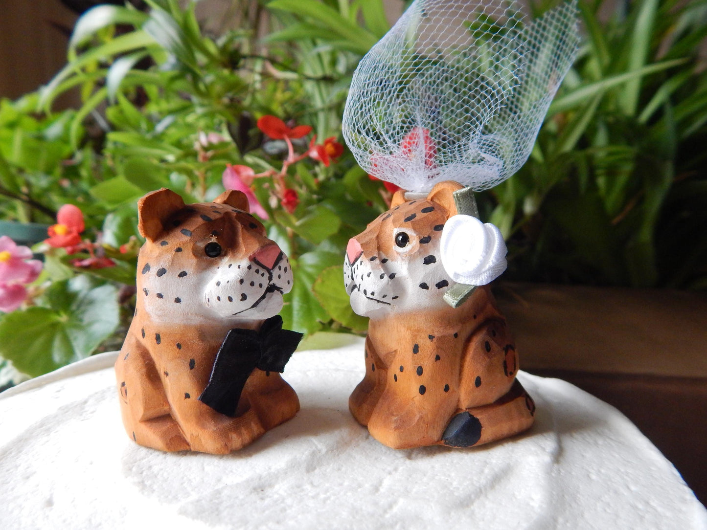 Leopard Jaguar Panther Wedding Cake Topper Love Bride Groom Engagement Anniversary Carved Wood Statue