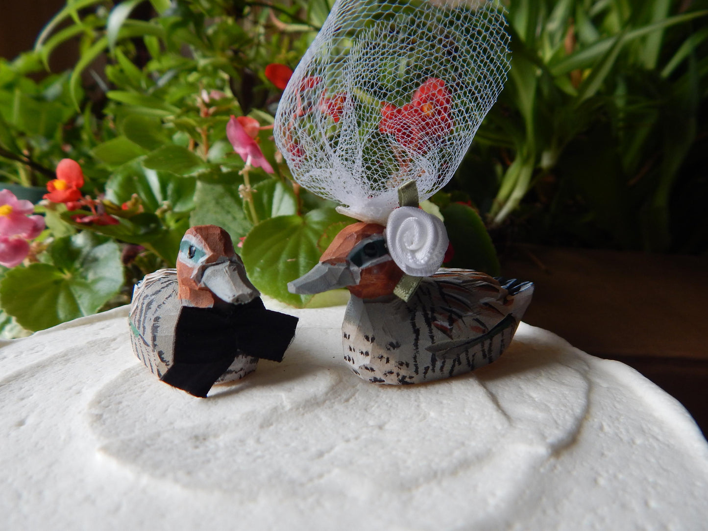 Eurasian Teal Duck Cake Topper Bride & Groom Love Wedding Engagement Anniversary Carved Wood Statue