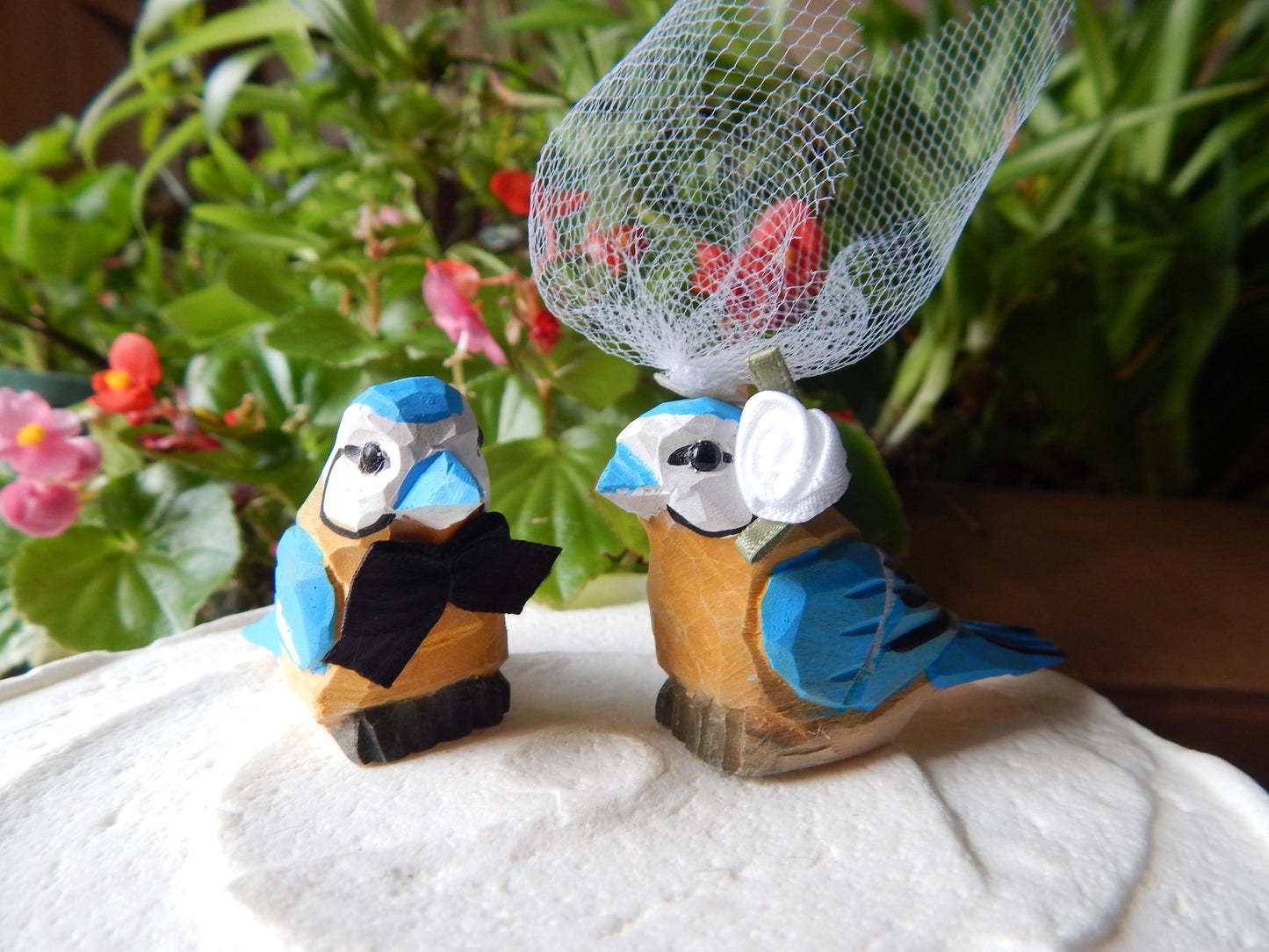 Blue Tit Bird Cake Topper Bride & Groom Love Wedding Engagement Anniversary Carved Wood Statue