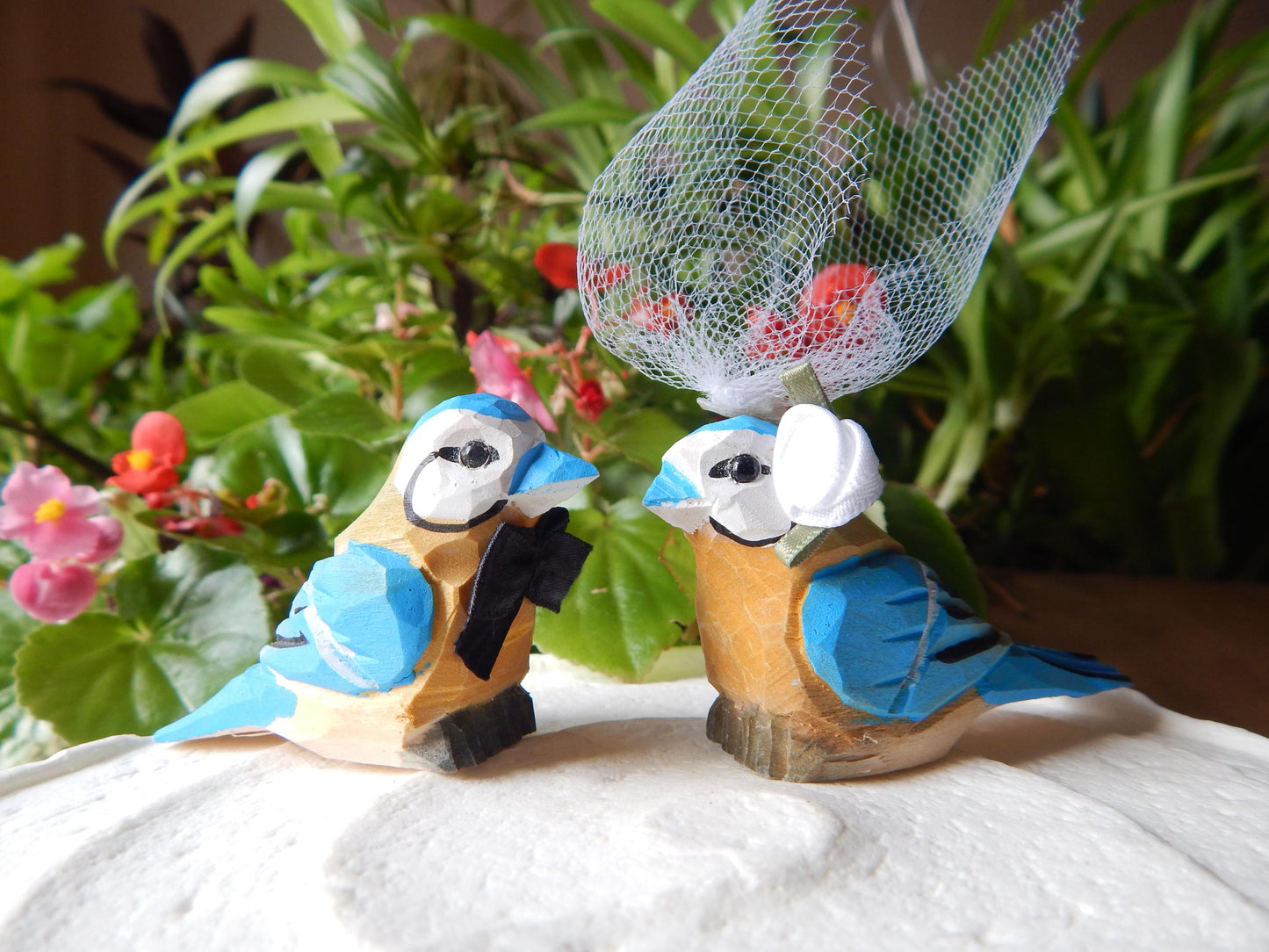Blue Tit Bird Cake Topper Bride & Groom Love Wedding Engagement Anniversary Carved Wood Statue