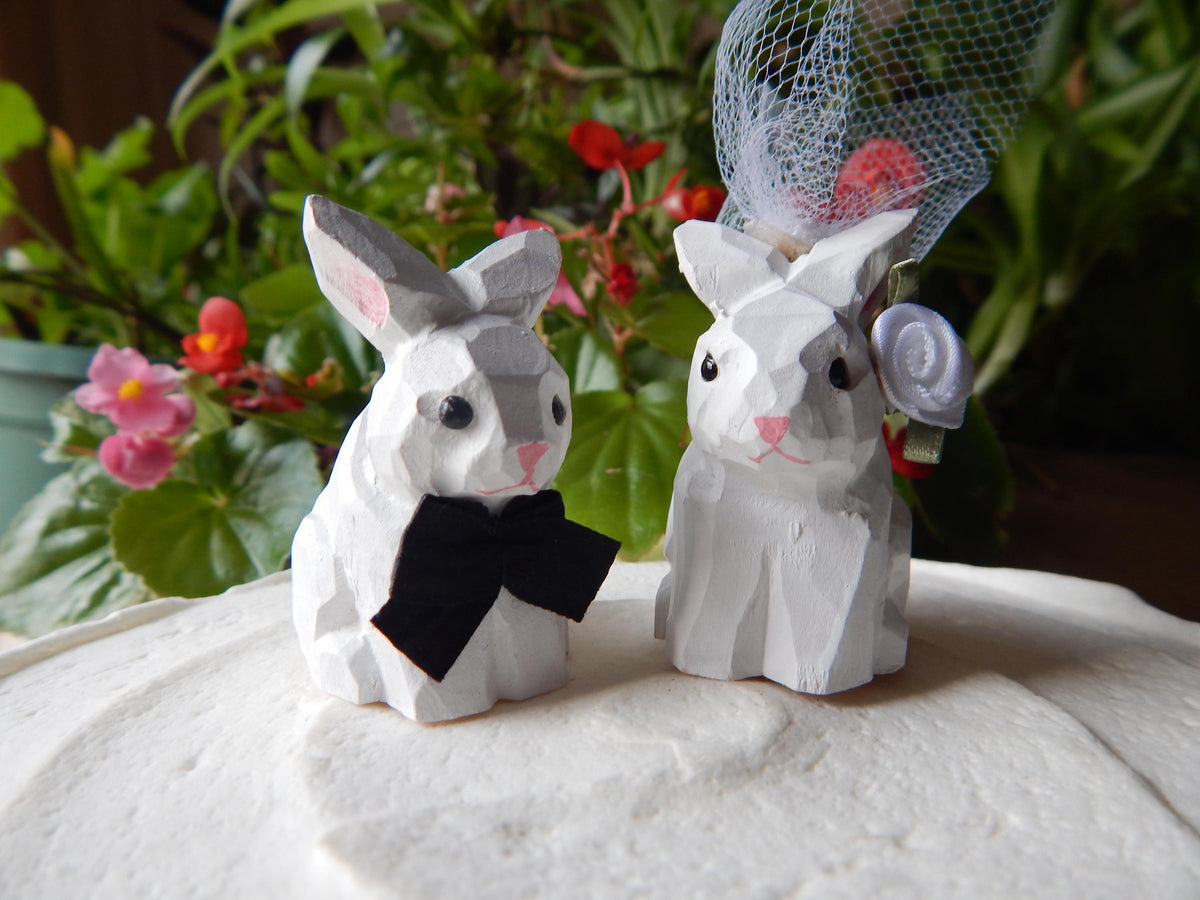 White Rabbit Bunny Cake Topper Bride & Groom Wedding Engagement Anniversary Carved Wood Statue