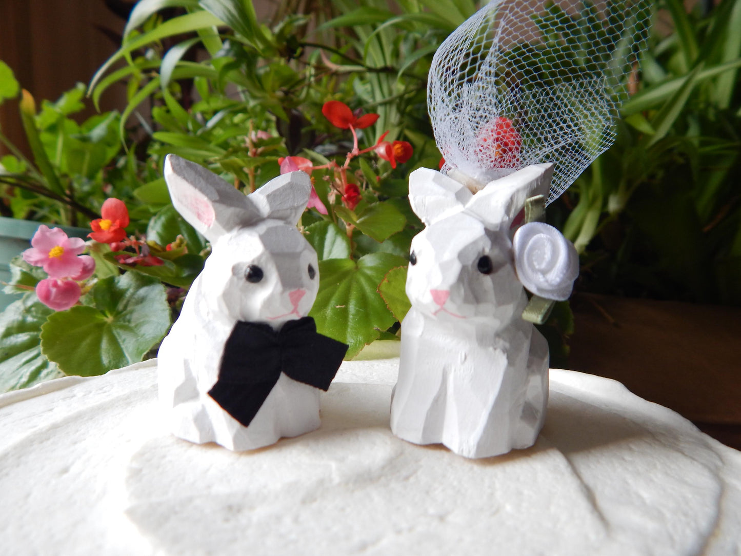 White Rabbit Bunny Cake Topper Bride & Groom Wedding Engagement Anniversary Carved Wood Statue