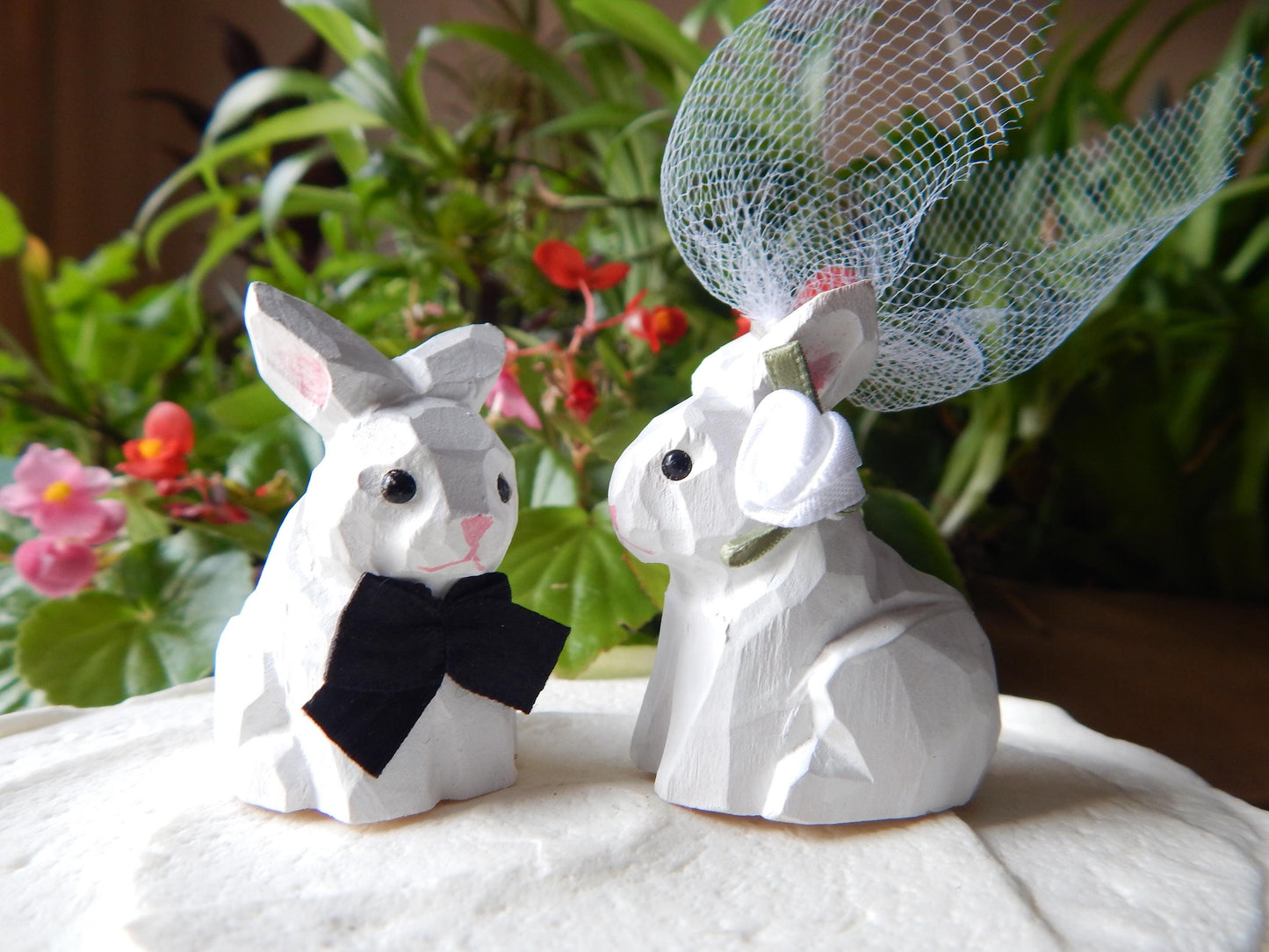 White Rabbit Bunny Cake Topper Bride & Groom Wedding Engagement Anniversary Carved Wood Statue