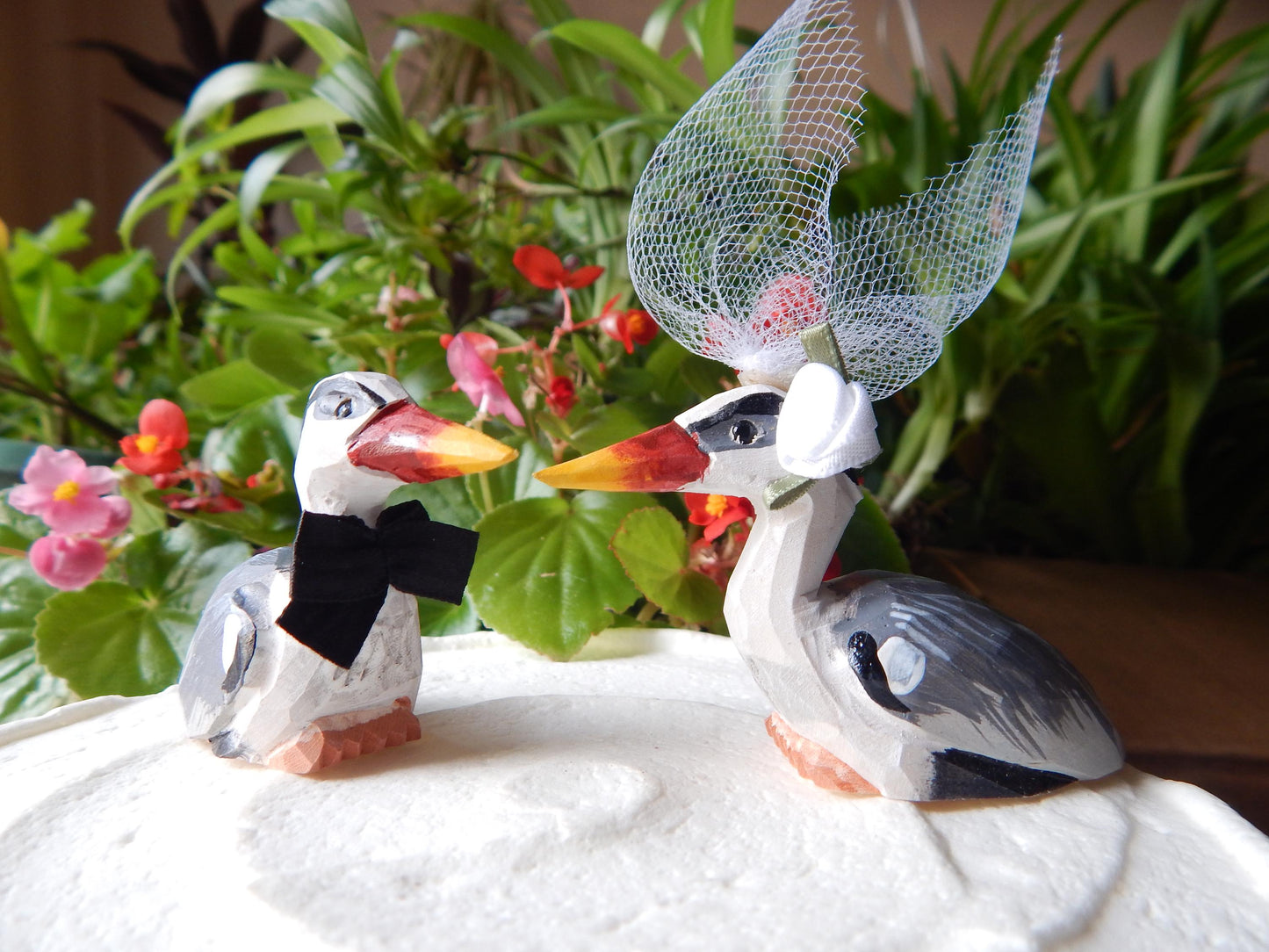 Crane Heron Cake Topper Bride & Groom Bird Wedding Engagement Anniversary Carved Wood Statue