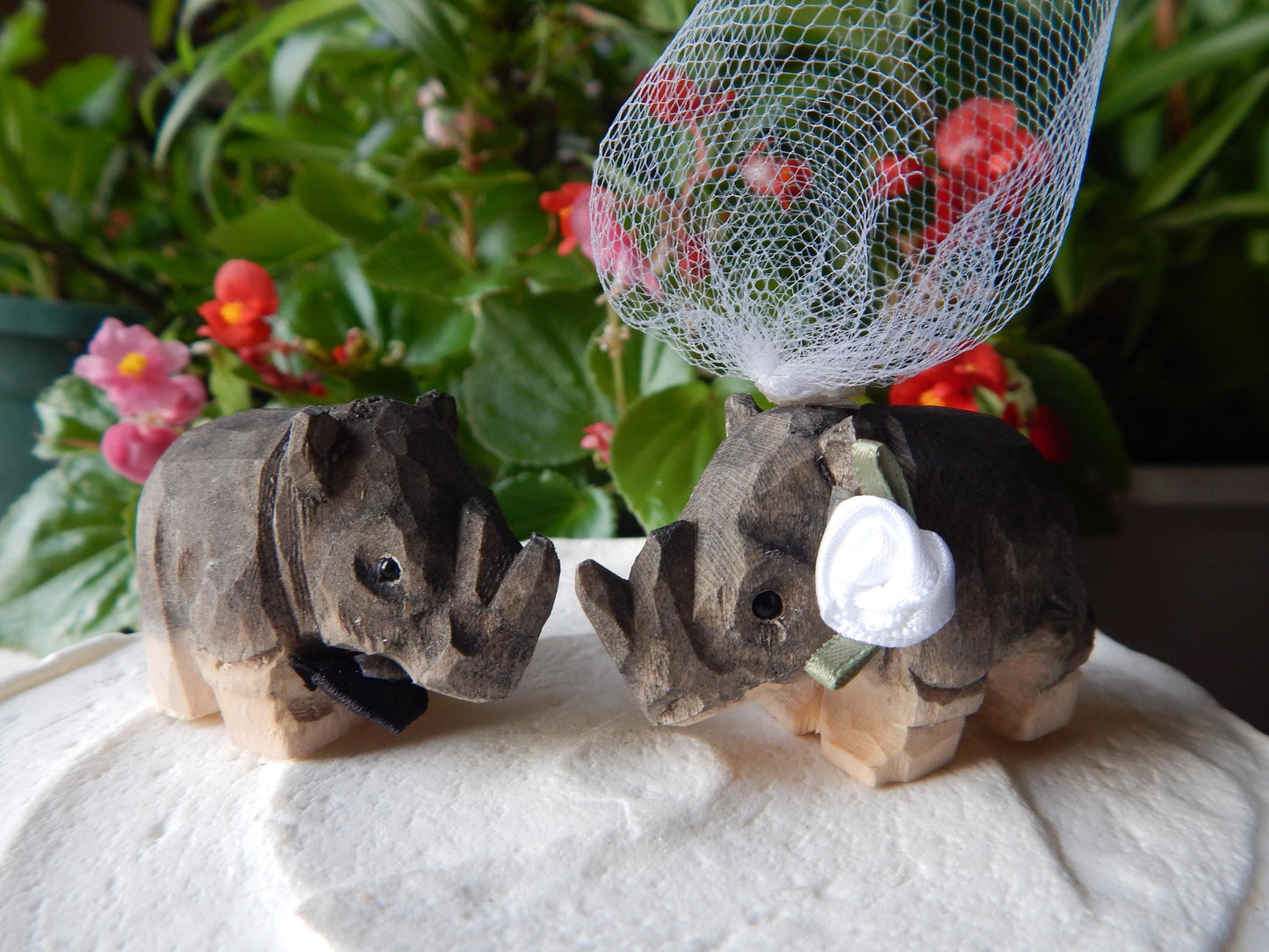 Rhino Figurine Cake Topper Bride & Groom Love Wedding Engagement Anniversary Carved Wood Statue