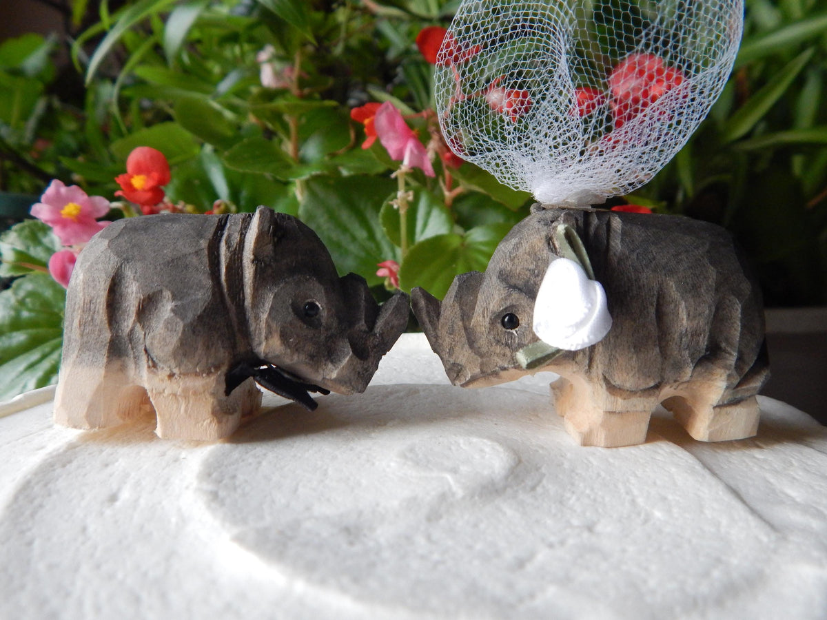 Rhino Figurine Cake Topper Bride & Groom Love Wedding Engagement Anniversary Carved Wood Statue