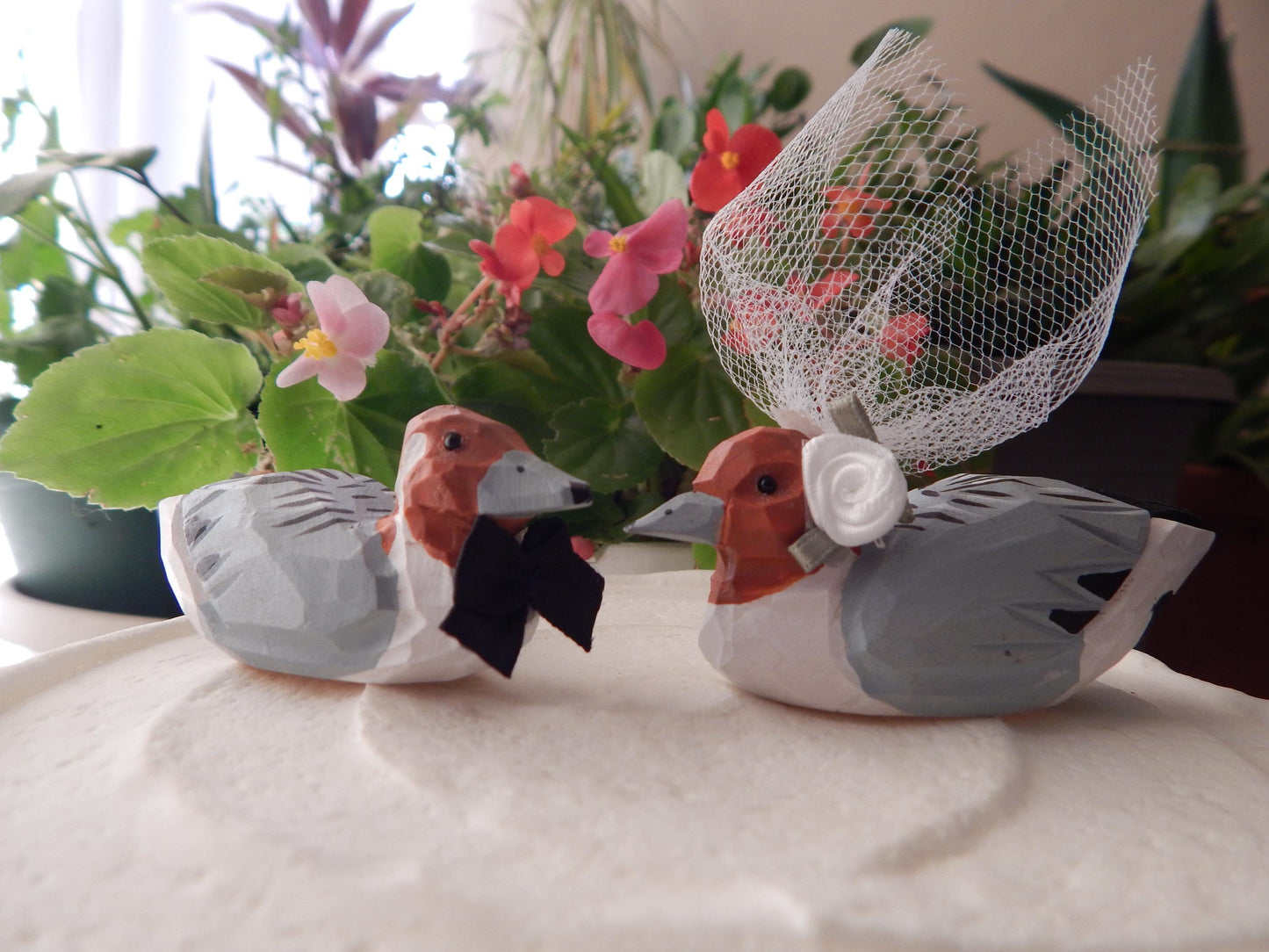Pintail ducks Cake Topper Bride & Groom Wedding Engagement Anniversary Carved Wood Statue