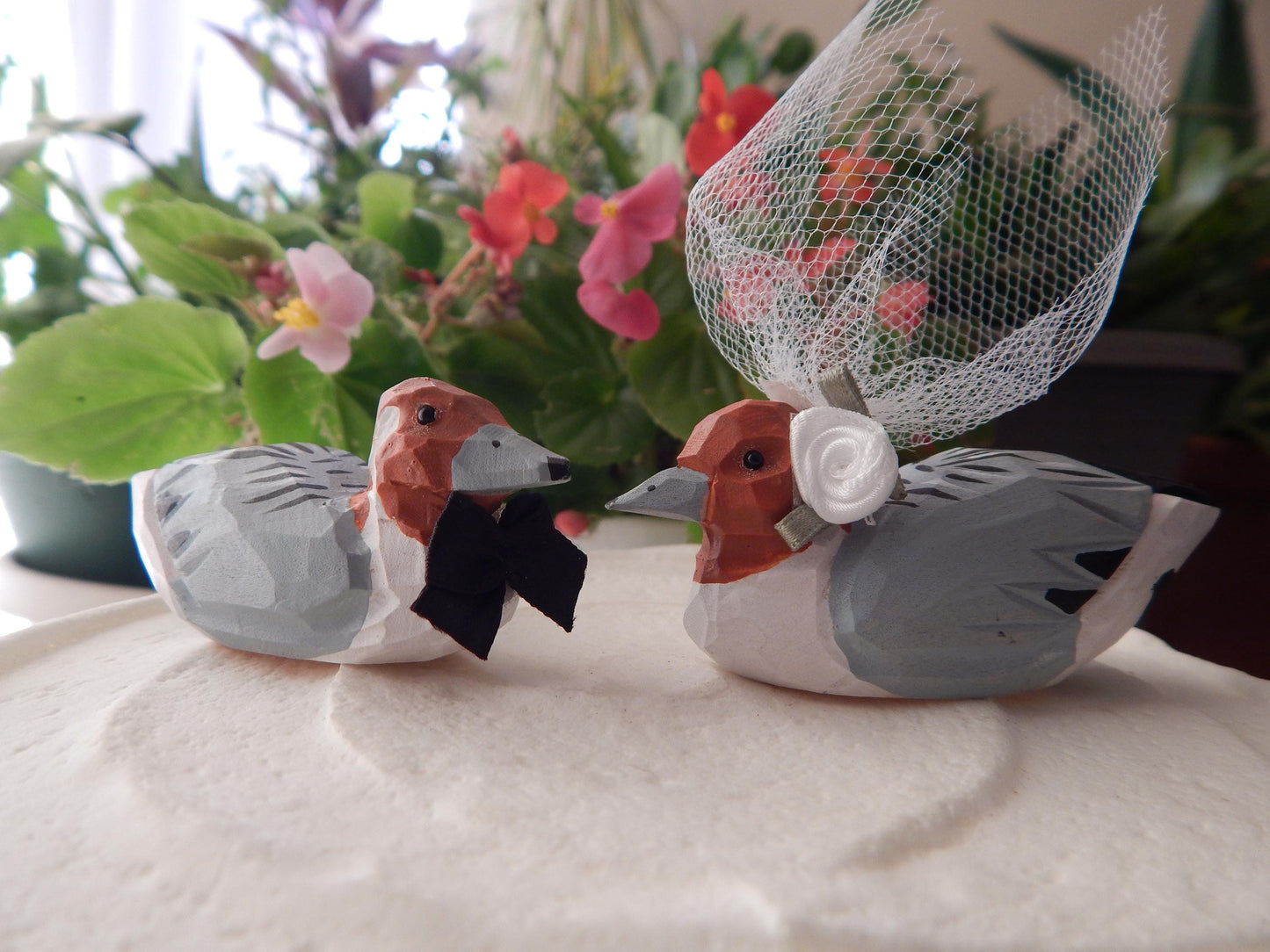 Pintail ducks Cake Topper Bride & Groom Wedding Engagement Anniversary Carved Wood Statue