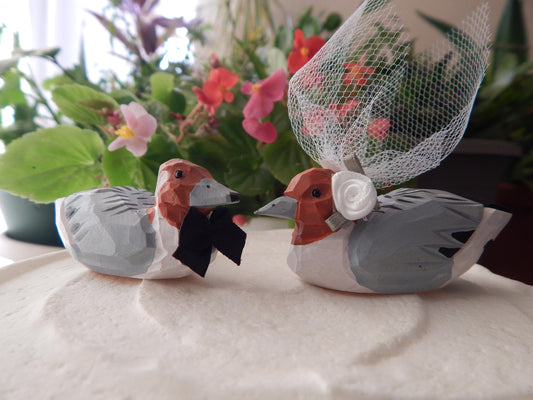 Pintail ducks Cake Topper Bride & Groom Wedding Engagement Anniversary Carved Wood Statue