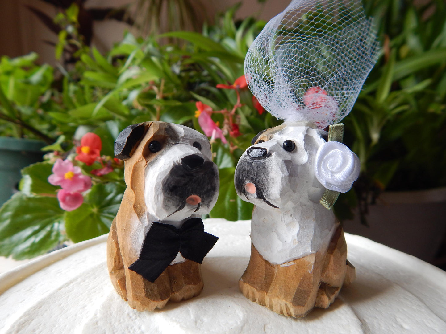 Bulldog Cake Topper Bride & Groom Love Wedding Engagement Anniversary Carved Wood Statue