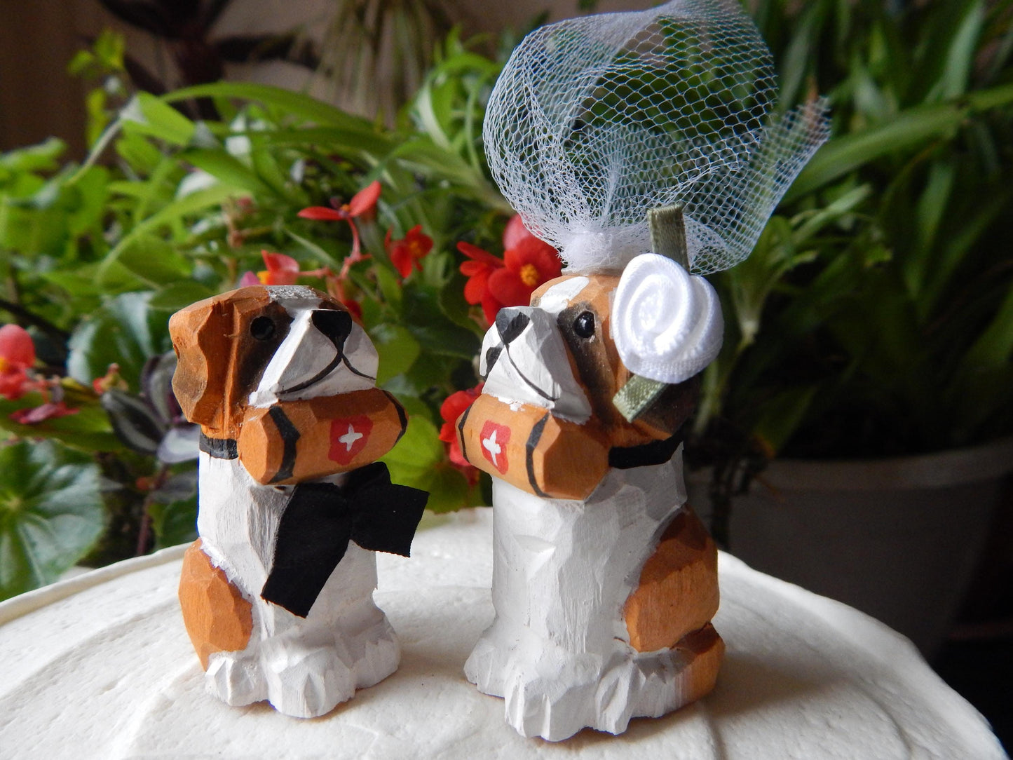 Bernard Dog Cake Topper Bride & Groom Love Wedding Engagement Anniversary Carved Wood Statue