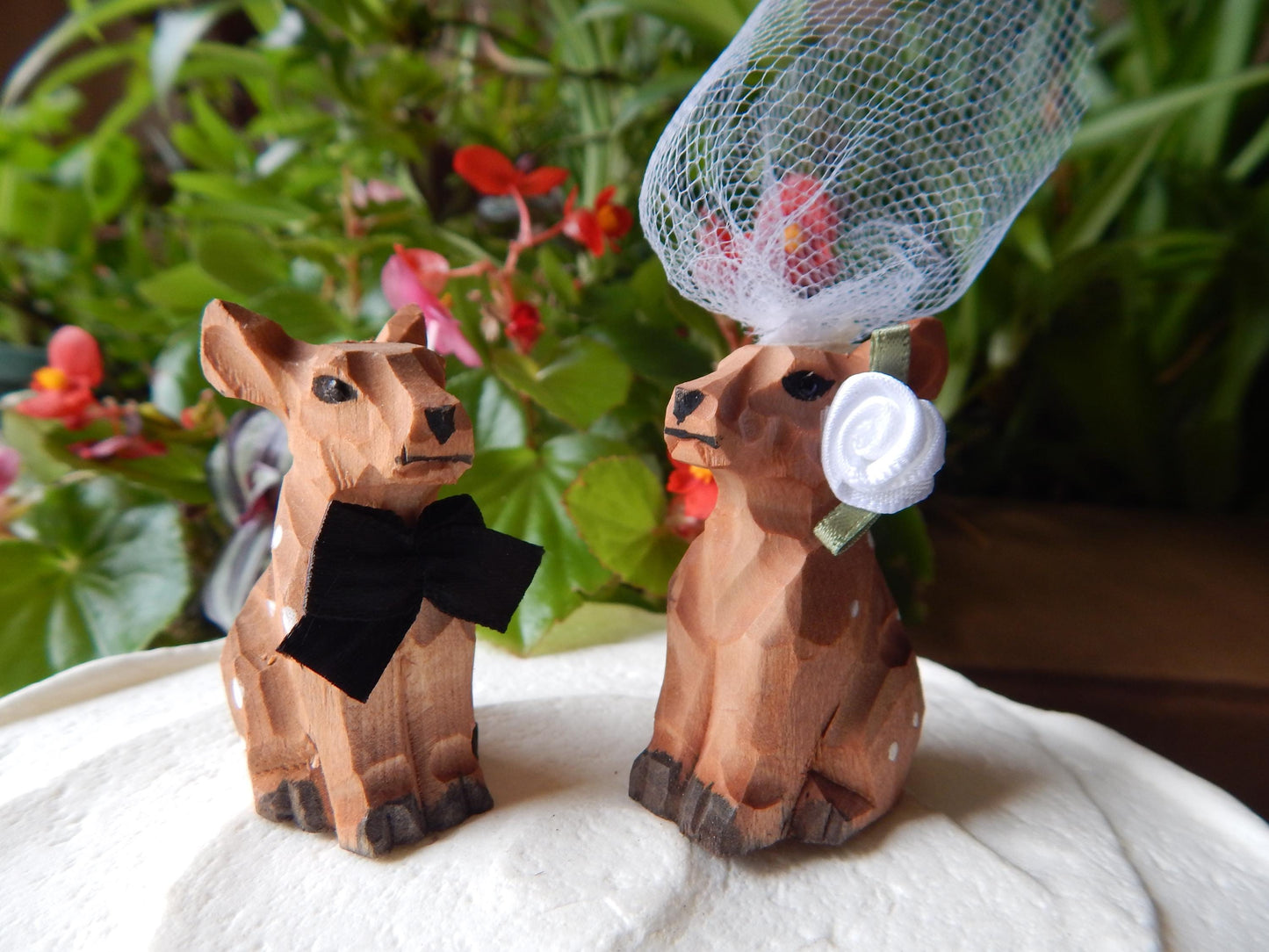 Spotted Deer Figurine Cake Topper Bride & Groom Wedding Engagement Anniversary Carved Wood Statue