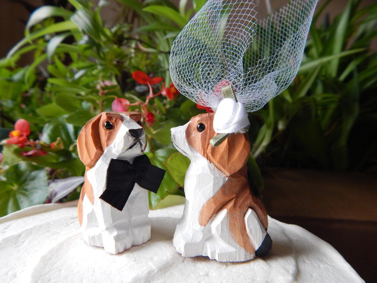 Beagle Dog figurine Cake Topper Bride & Groom Love Wedding Engagement Anniversary Carved Wood Statue