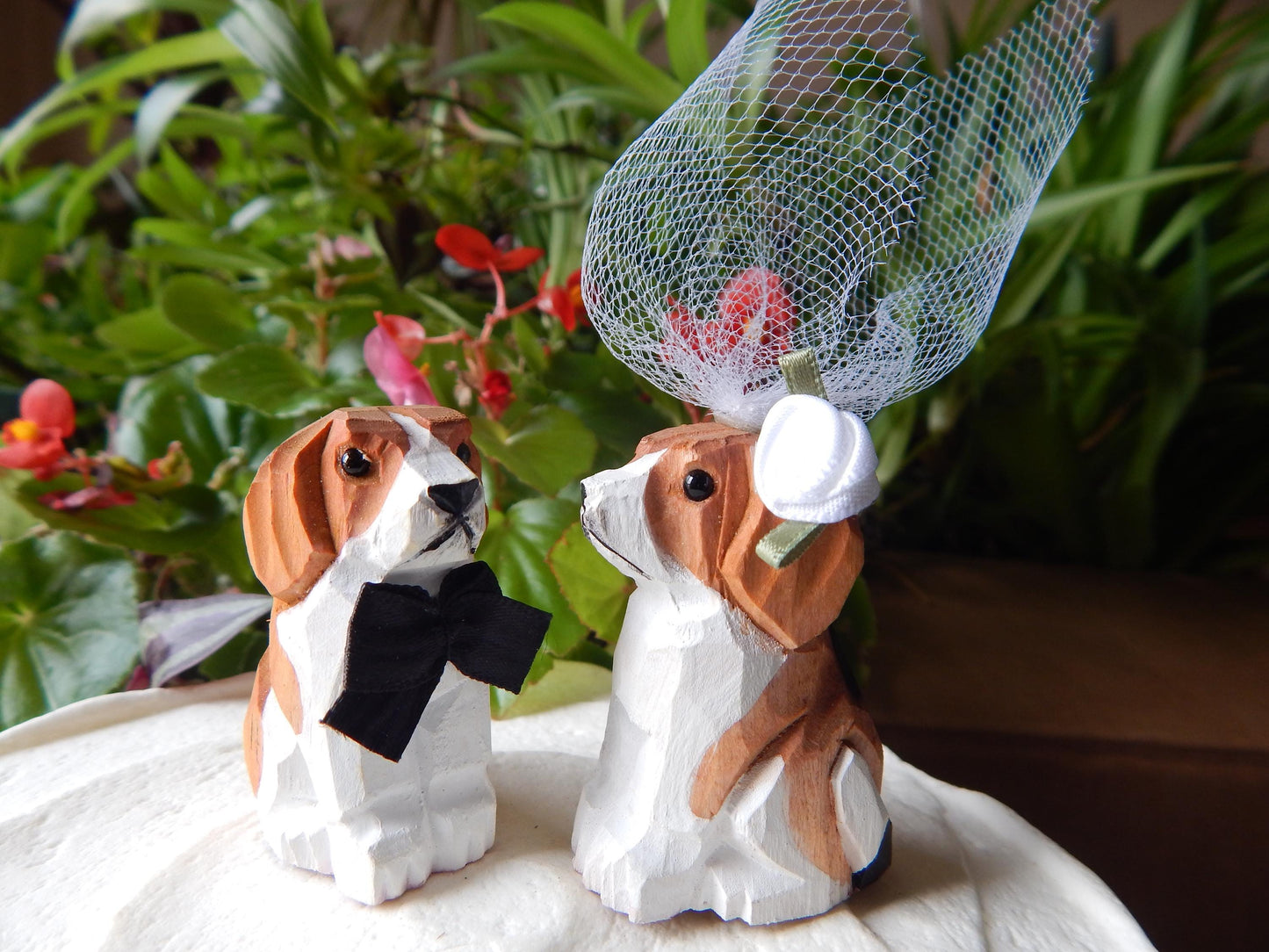 Beagle Dog figurine Cake Topper Bride & Groom Love Wedding Engagement Anniversary Carved Wood Statue