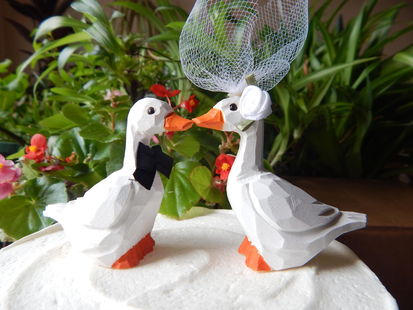 Goose Wooden Figurine Set | Hand Carved Bride Groom Cake Topper