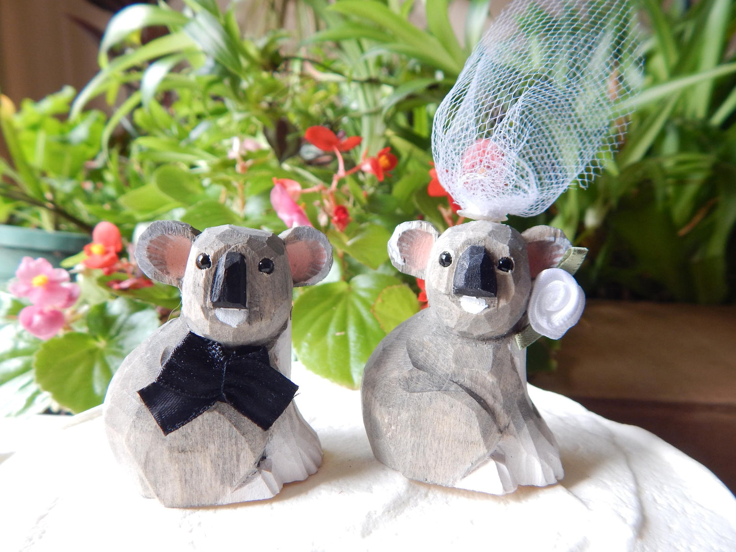 Koala Bear Cake Topper Bride & Groom Love Wedding Engagement Anniversary Carved Wood Statue