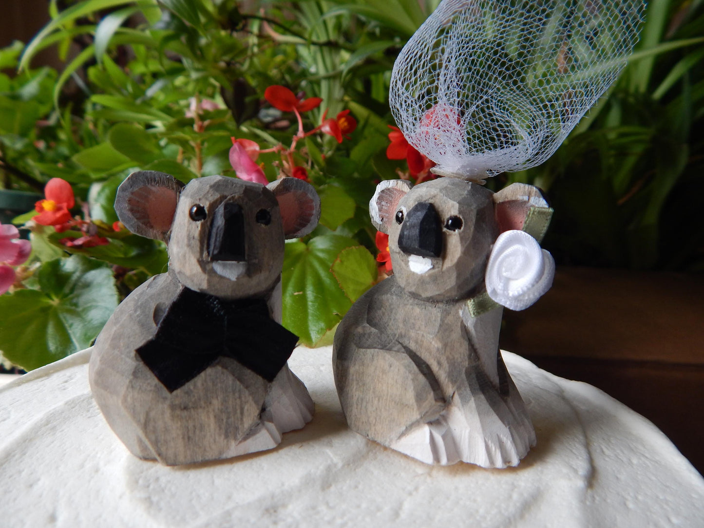 Koala Bear Cake Topper Bride & Groom Love Wedding Engagement Anniversary Carved Wood Statue
