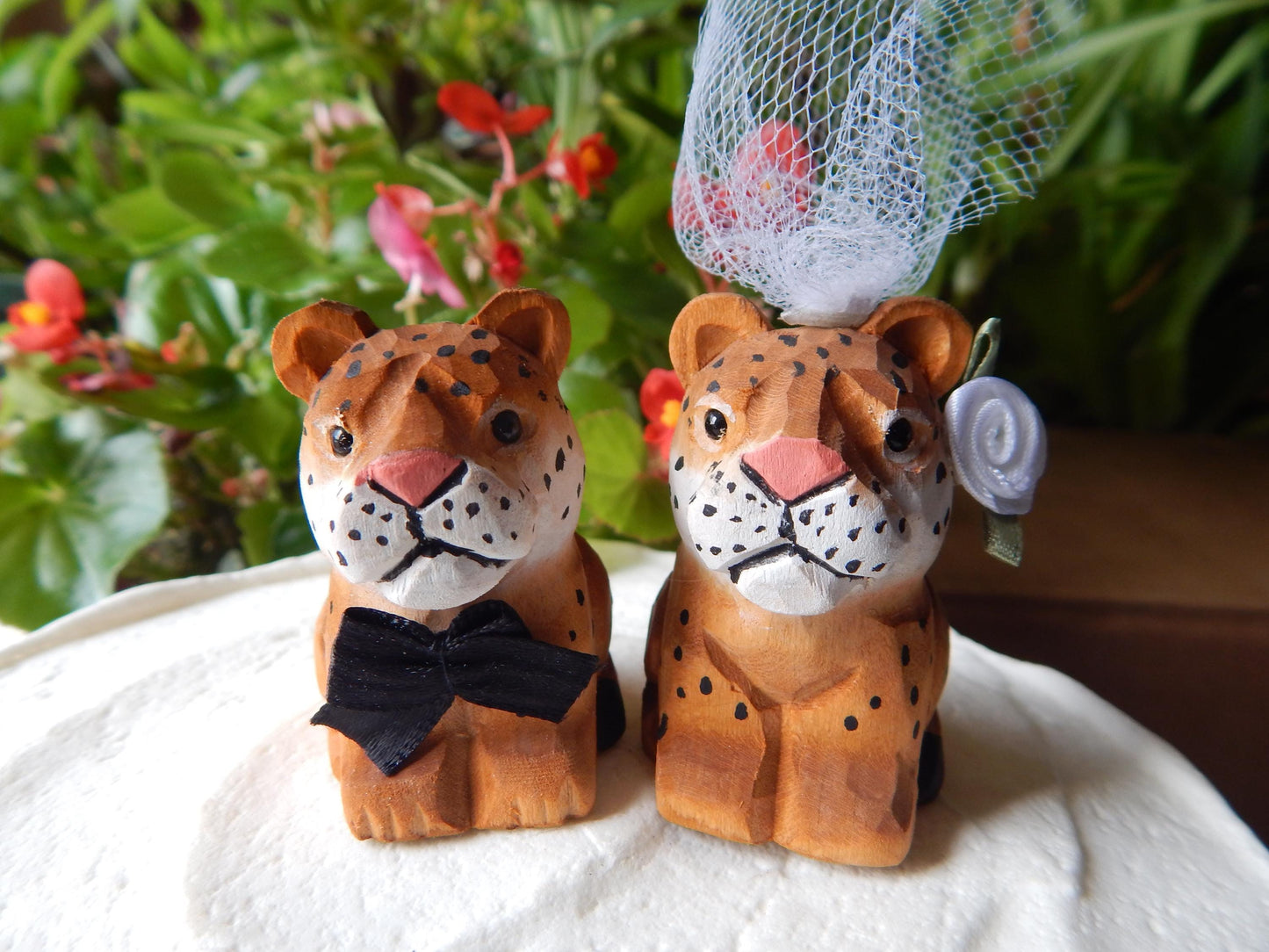Leopard Jaguar Panther Wedding Cake Topper Love Bride Groom Engagement Anniversary Carved Wood Statue