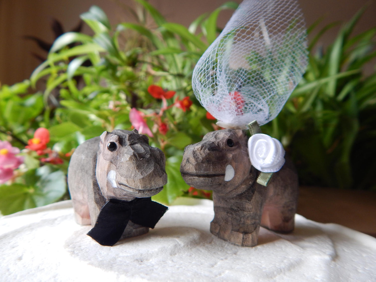 Hand-Carved Wooden Hippo Cake Topper: Miniature Bride Groom Wedding Figurines