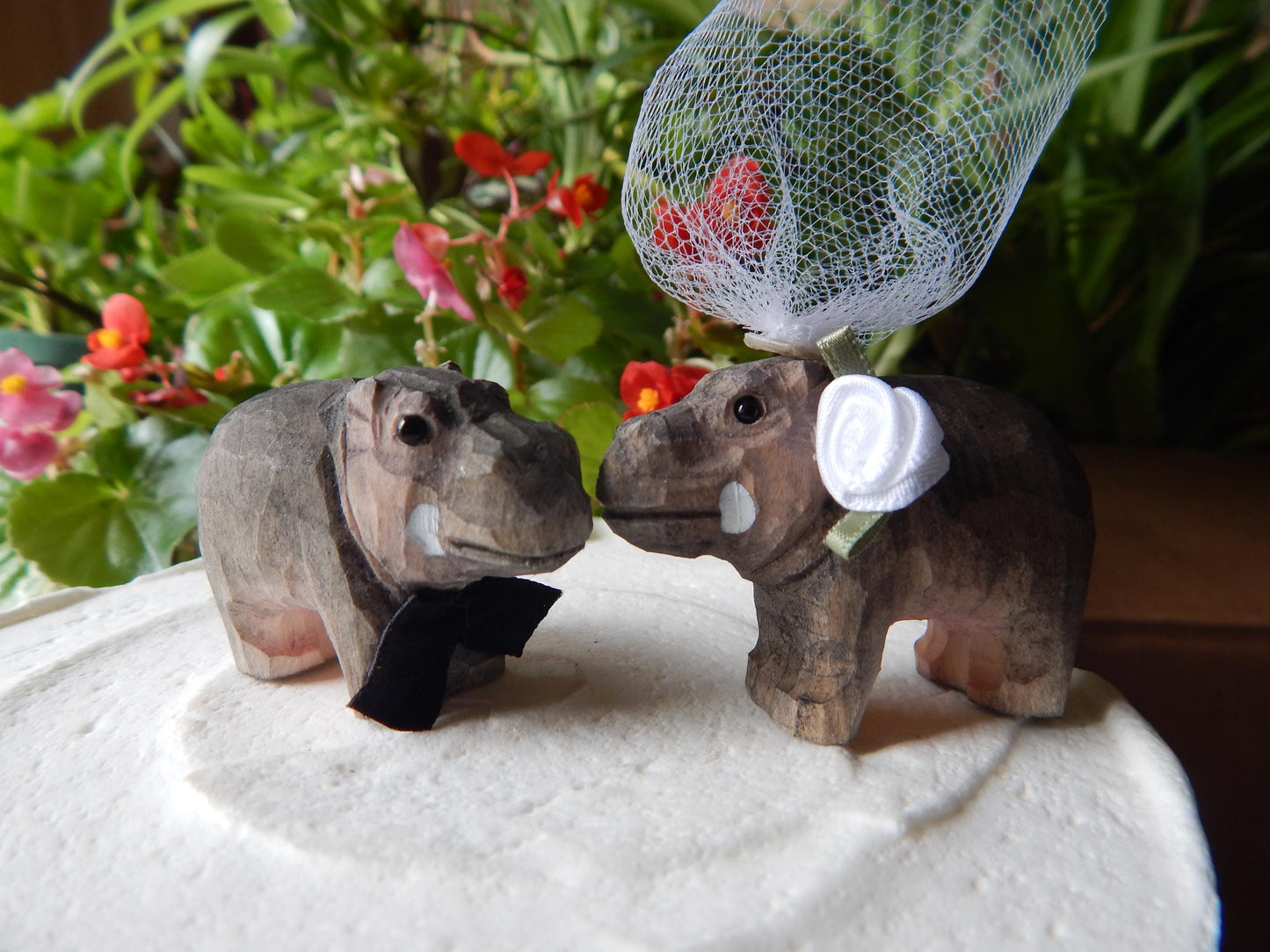 Hand-Carved Wooden Hippo Cake Topper: Miniature Bride Groom Wedding Figurines