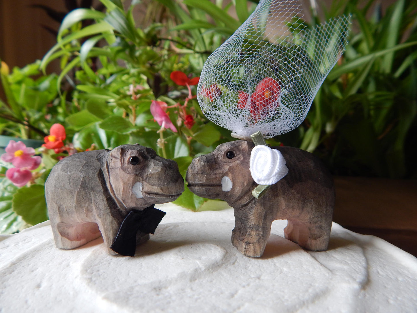 Hand-Carved Wooden Hippo Cake Topper: Miniature Bride Groom Wedding Figurines