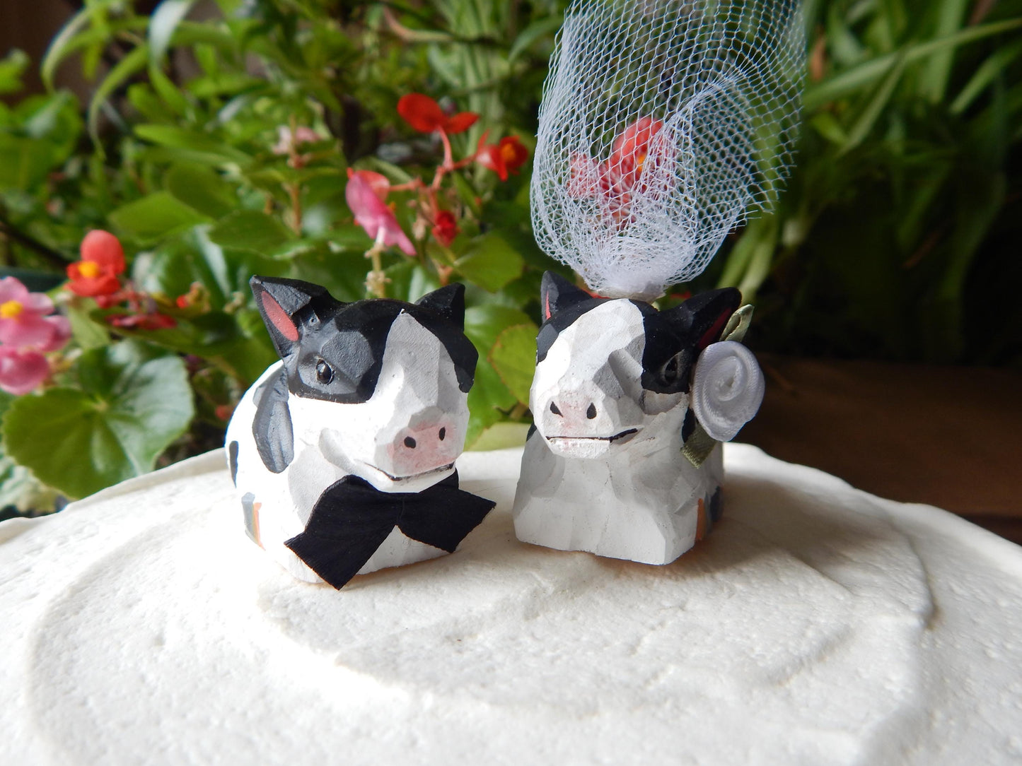 Hand-Carved Wooden Spotted Cow Wedding Cake Topper – Miniature Bride Groom Farm Figurine