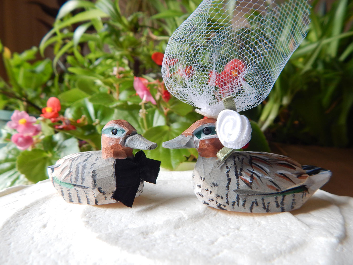Eurasian Teal Duck Cake Topper Bride & Groom Love Wedding Engagement Anniversary Carved Wood Statue