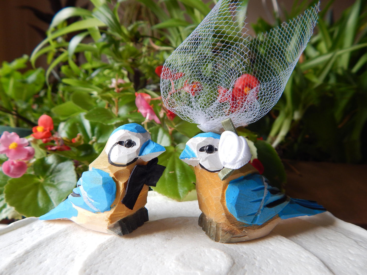 Blue Tit Bird Cake Topper Bride & Groom Love Wedding Engagement Anniversary Carved Wood Statue