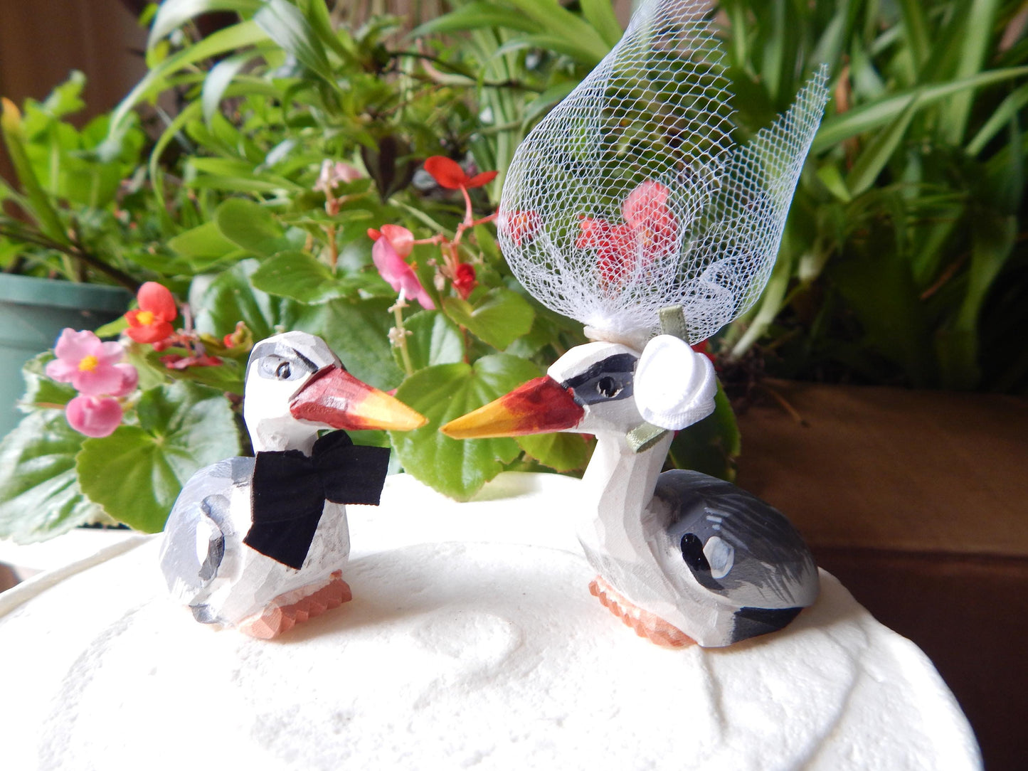 Crane Heron Cake Topper Bride & Groom Bird Wedding Engagement Anniversary Carved Wood Statue
