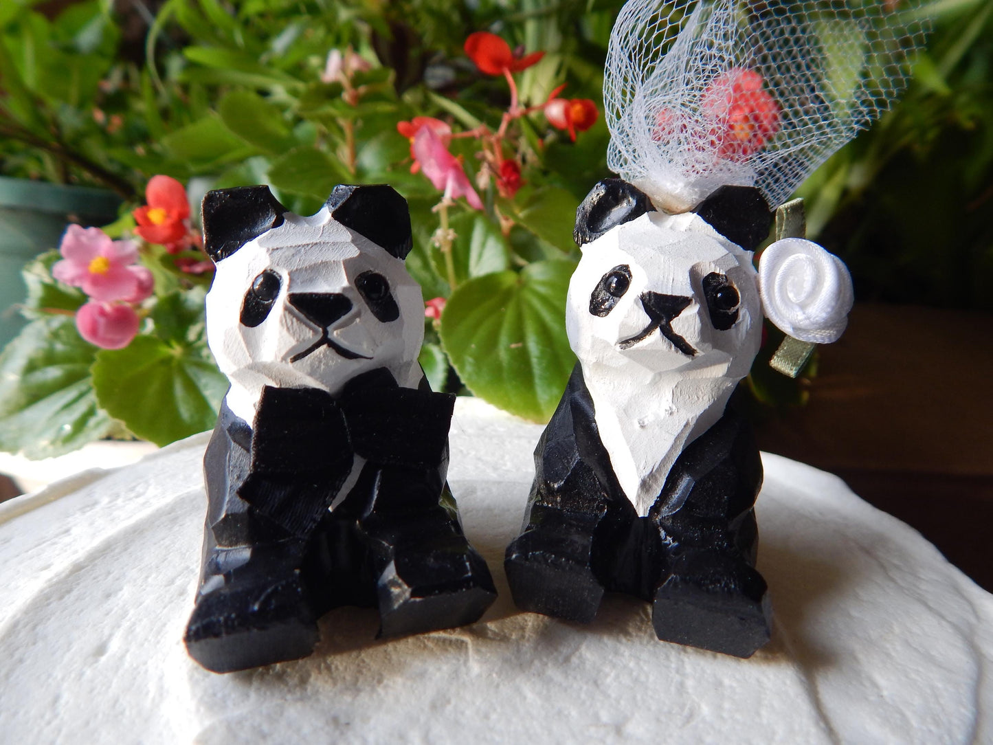Panda Bear Cake Topper Bride & Groom Love Wedding Engagement Anniversary Carved Wood Statue