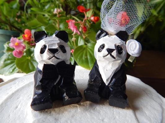 Panda Bear Cake Topper Bride & Groom Love Wedding Engagement Anniversary Carved Wood Statue