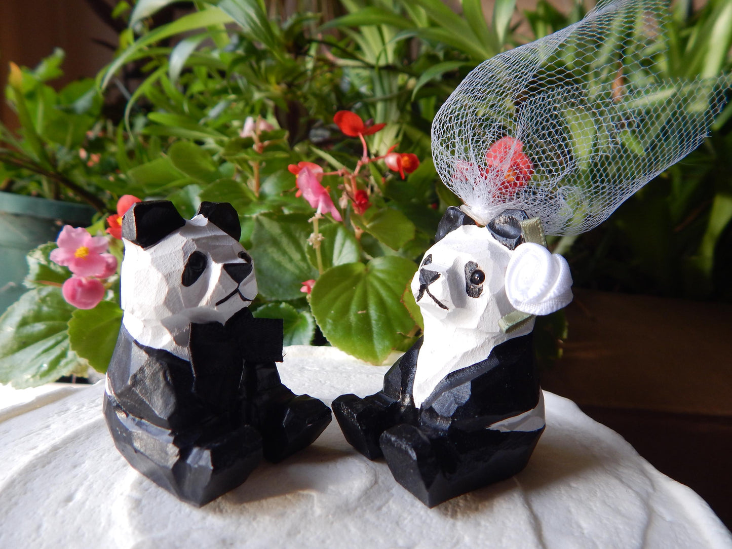 Panda Bear Cake Topper Bride & Groom Love Wedding Engagement Anniversary Carved Wood Statue