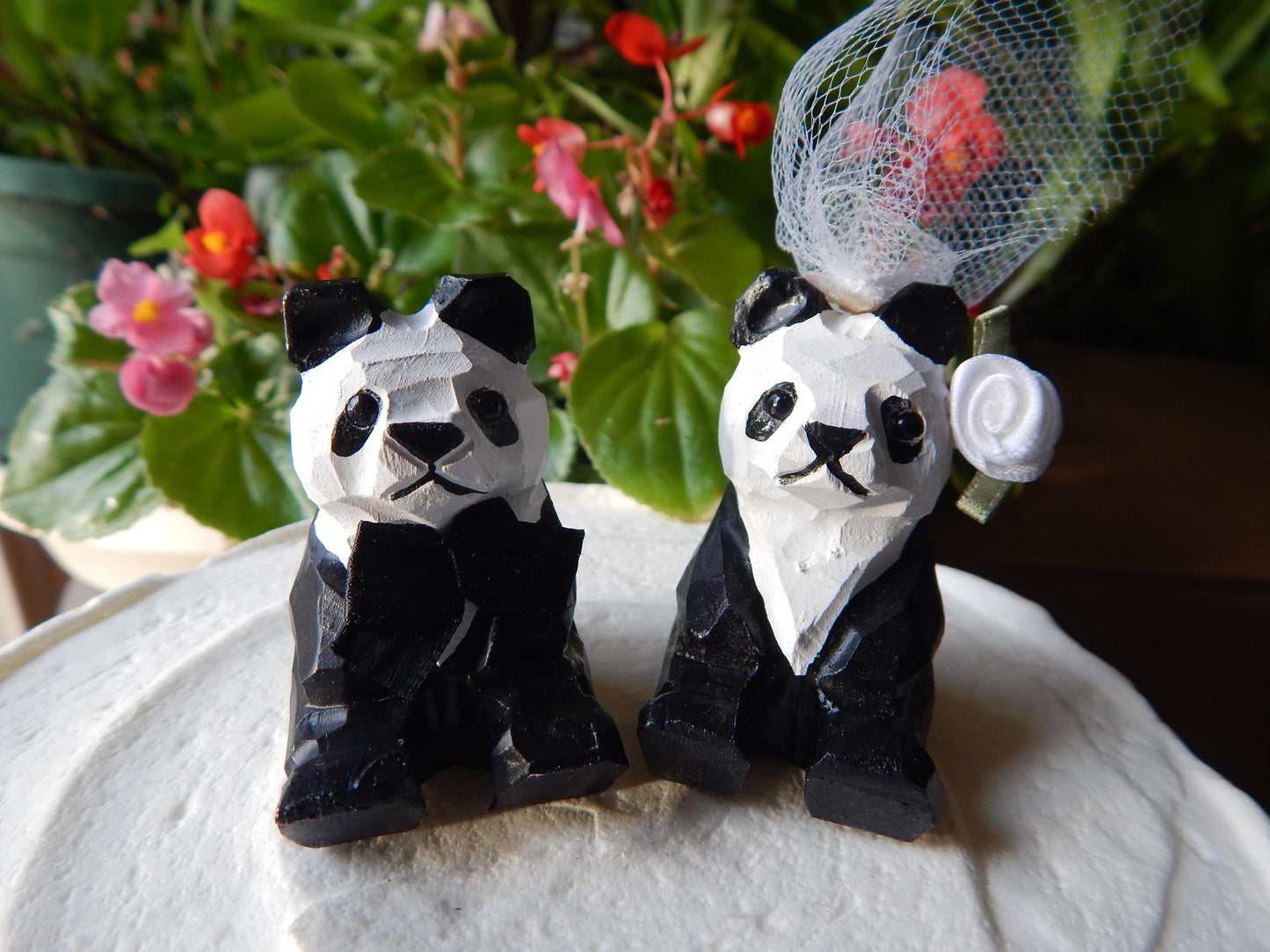 Panda Bear Cake Topper Bride & Groom Love Wedding Engagement Anniversary Carved Wood Statue