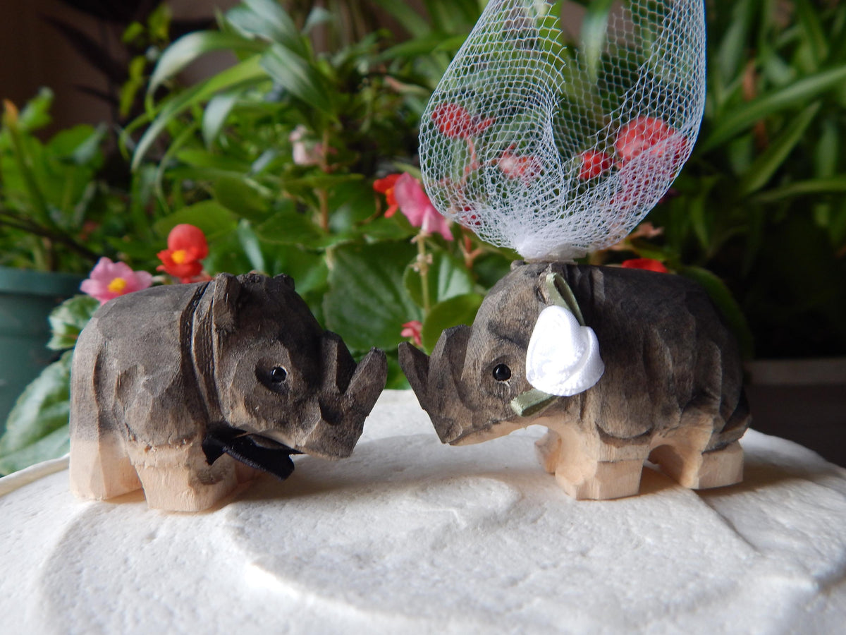 Rhino Figurine Cake Topper Bride & Groom Love Wedding Engagement Anniversary Carved Wood Statue